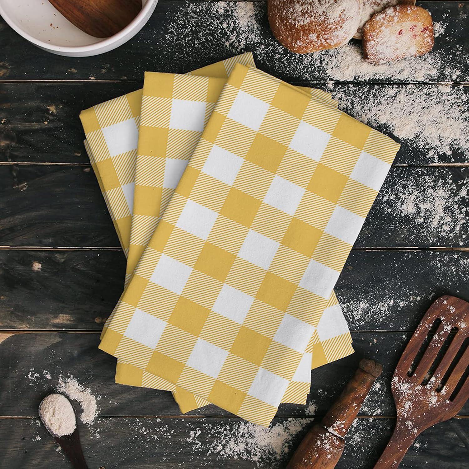 Absorbent Microfiber Kitchen Towels(Set of 2),Spring Buffalo Plaid Yellow,Tea Towel for Kitchen/Bathroom Decorative Bar Towels,Farmhouse Checkered Symmetrical,Soft Resuable Dish Towels Cloths Washable