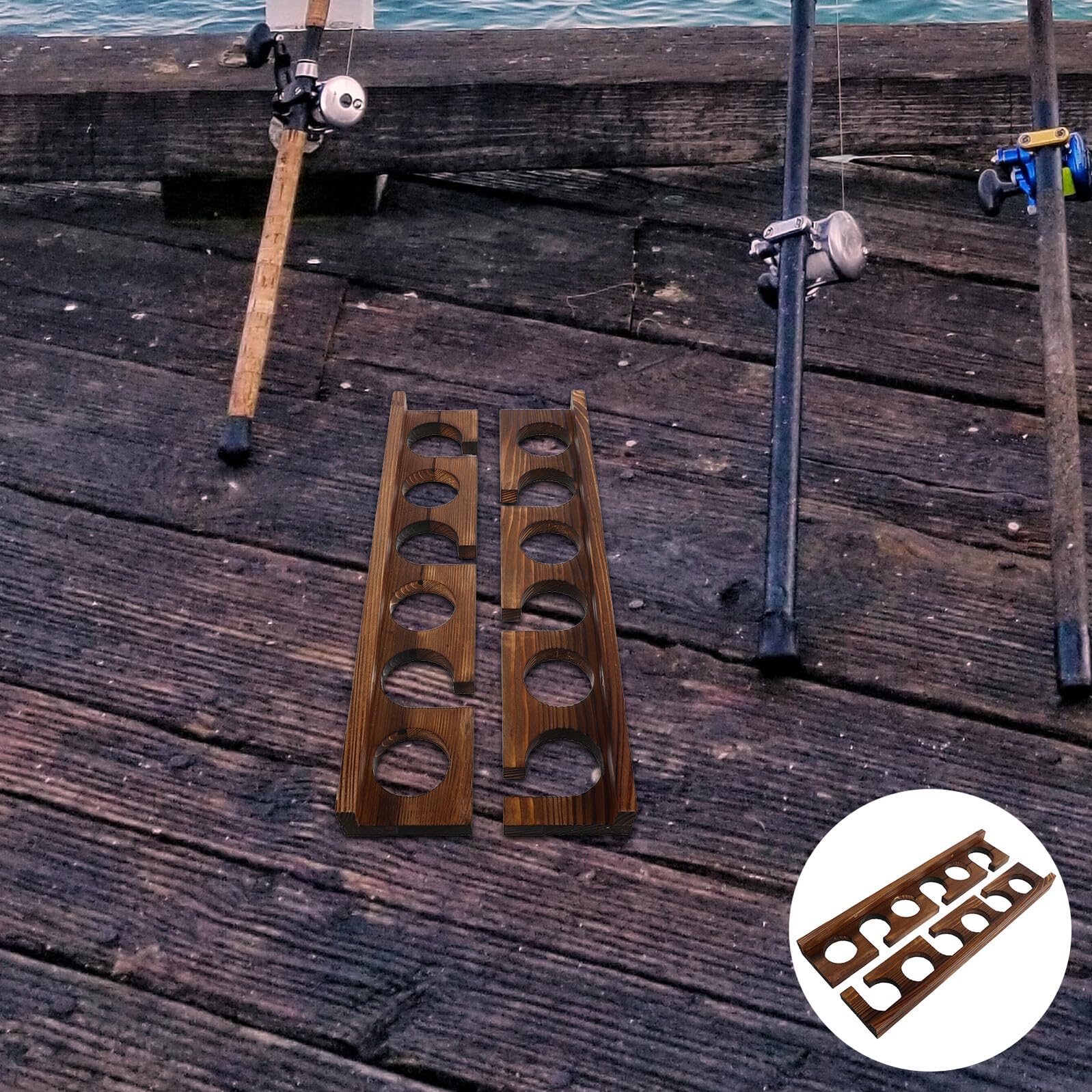 TOYANDONA Supporto per Canne da Pesca in Legno Massello da Parete 2 Pezzi 6 Slot Portacanna da Pesca da Appendere Salvaspazio per Garage e Casa Organizer Rustico