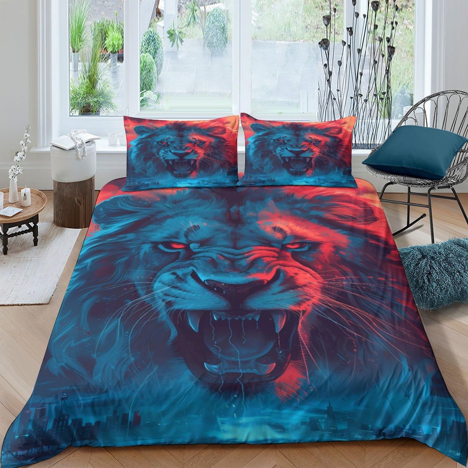 Ctjqhvkz Style-5 3D Printed Blue Lion Fitted Sheet Microfiber Soft Non-Slip Red Roaring Lion Mattress Cover For Bedroom Decor Single（135X200cm）