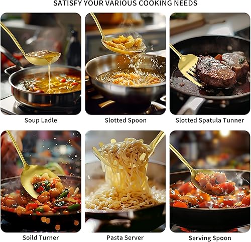 Miniatura 4 de Utensilios de cocina de acero inoxidable 304, juego de 6 utensilios de cocina con espátula, cuchara sólida, cucharón, espumador, cuchara de