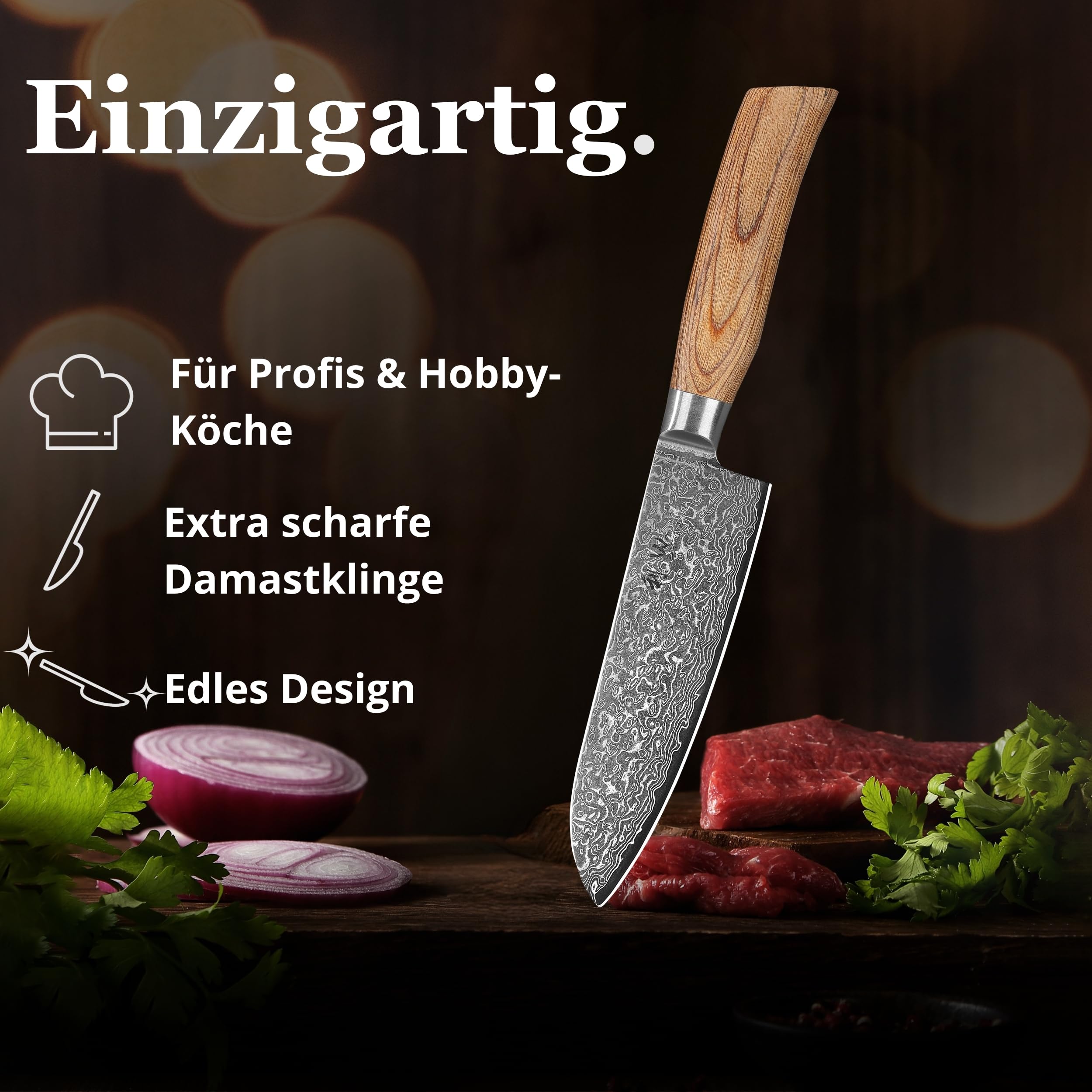 Wakoli EDIB Pro Santokumesser, 16 cm Klinge aus Damaststahl mit VG10 Kern | 67 Lagen, 60 ± 2 HRC, 30 cm Gesamtlänge, Pakkaholzgriff und Geschenkbox; beidseitiger V-Schliff für Fleisch, Fisch und Gemüse