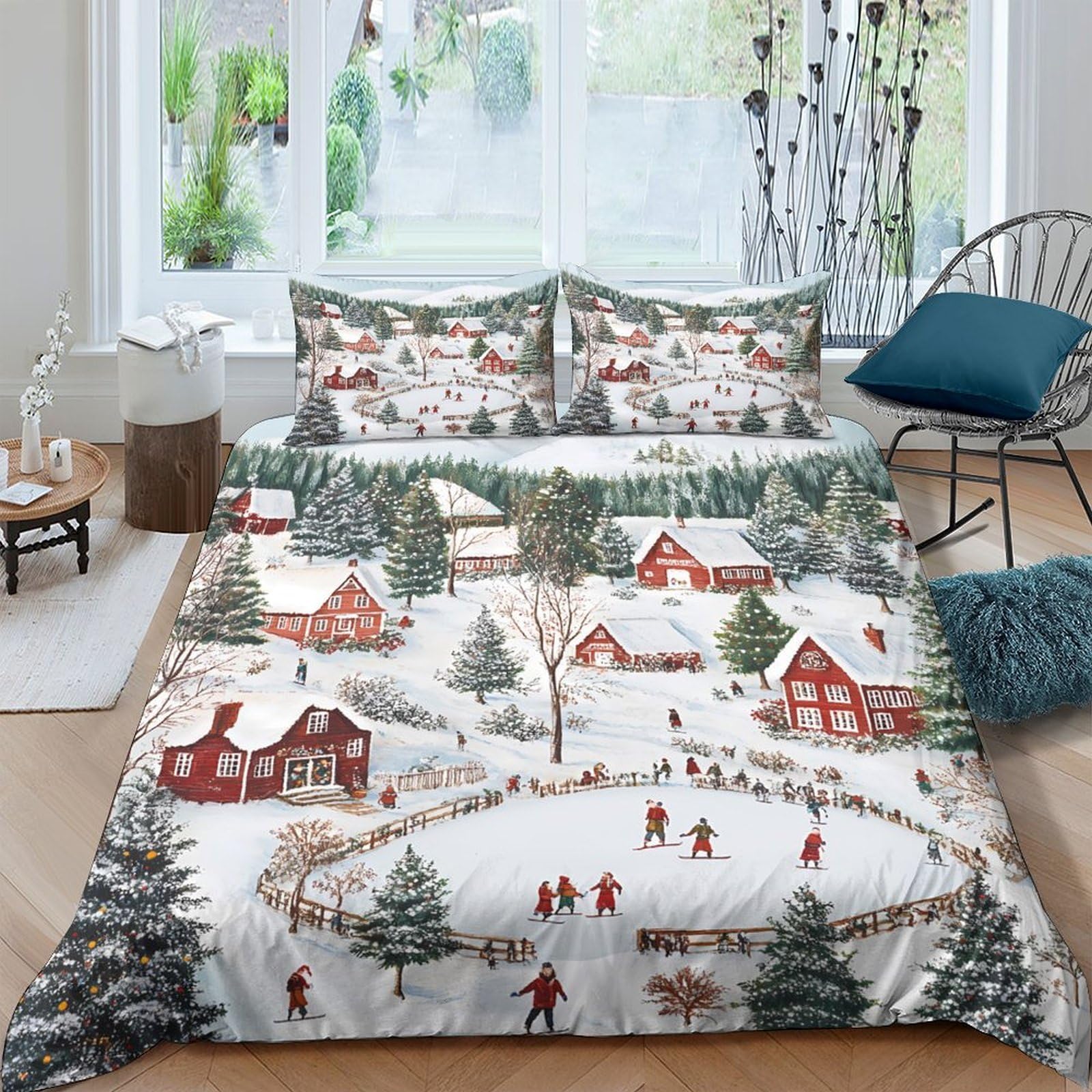 Ctjqhvkz Style-9 3D Printed Winter Village Fitted Sheet Microfiber Soft Breathable Christmas Snow Scene Bed Cover For Bedroom Decor Single（135X200cm）