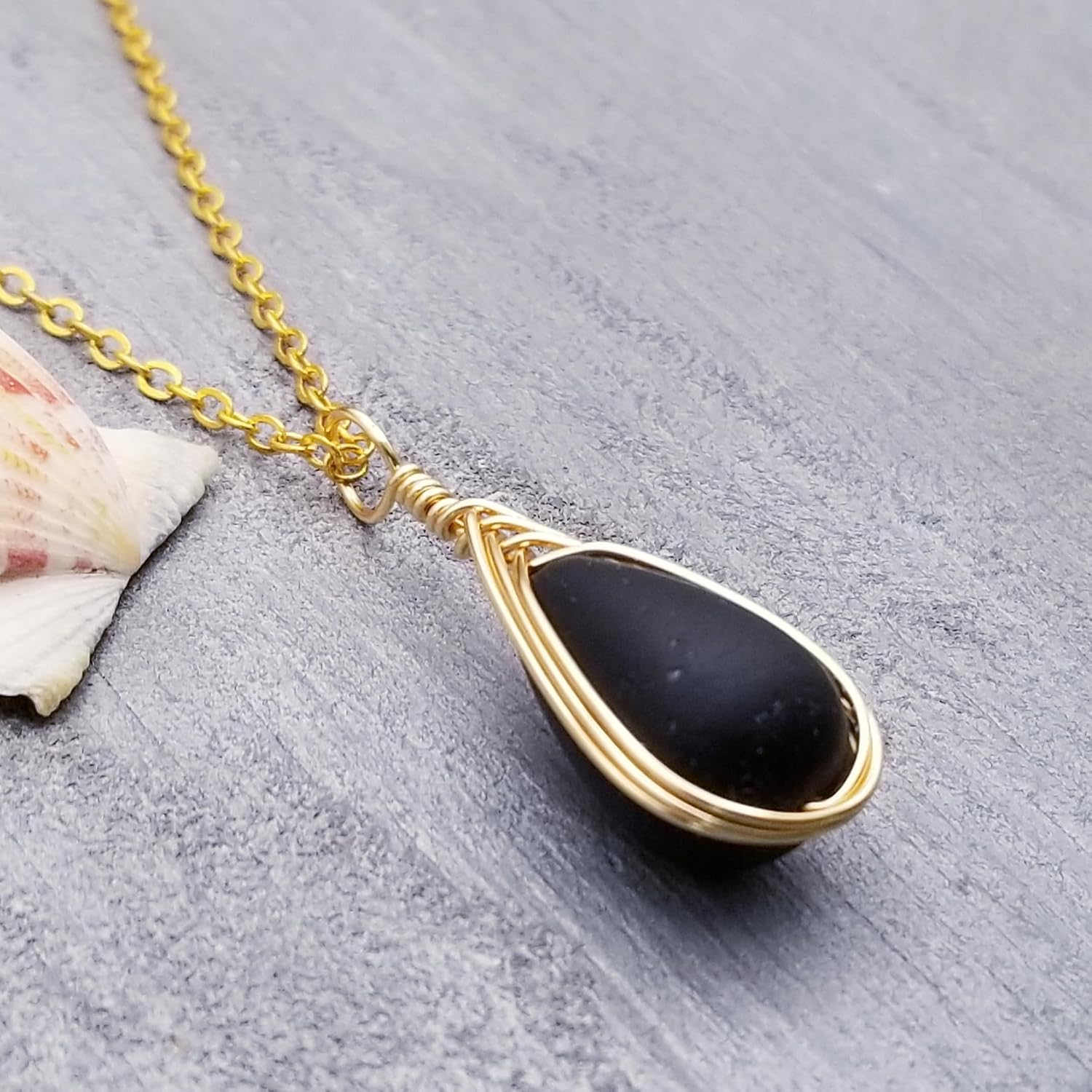 Handmade Sea Glass Necklace, Hawaiian Jewelry For Women, Gold Wire Braided Teardrop Necklace, Beach Jewelry, Birthday Gift For Women