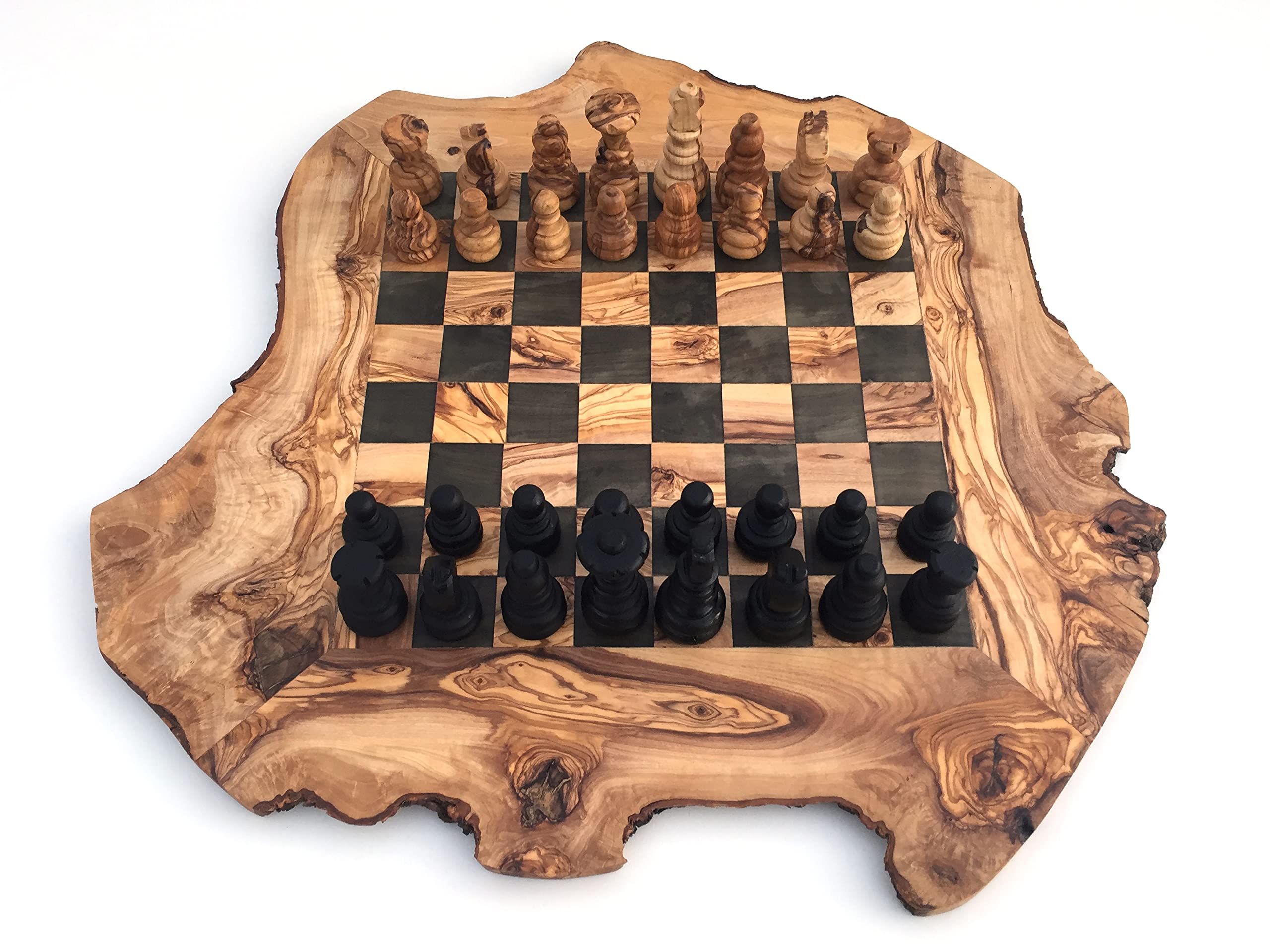 Generisch Jeu d'échecs rustique, échiquier taille XL incluant les pièces, en bois d'olivier, fait main - 2 joueurs, âge 12+