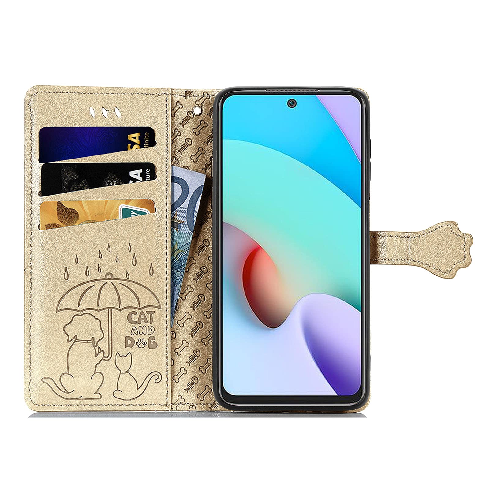 Fertuo Cover Portafoglio Per Xiaomi Redmi 10 / 10 2022 - Custodia A Libro In Pelle Con Porta Carte, Chiusura Magnetica E Disegno Gatto Cane - Oro