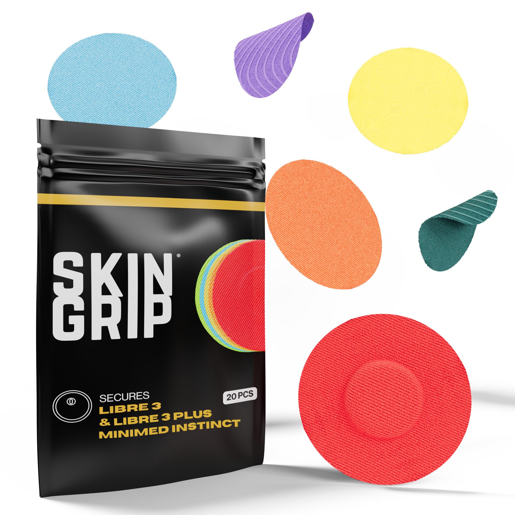 Skin Grip CGM Patches for Freestyle Libre 3 (20-Pack), Waterproof & Sweatproof for 10-14 Days, Pre-Cut Adhesive Tape, Continuous Glucose Monitor Protection (Rainbow Pack)