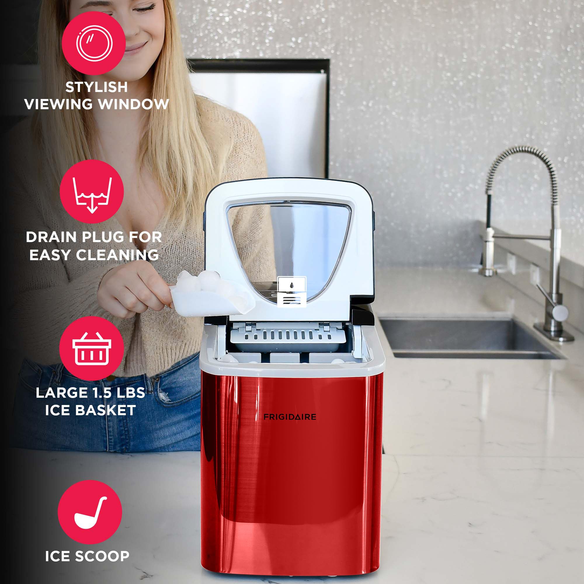 Frigidaire Compact Countertop Ice Maker, 26lbs of Ice per Day, Red Stainless on Fridge.com