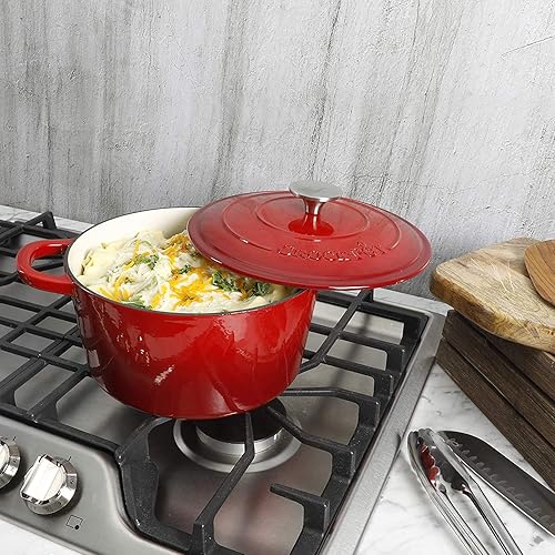 Miniatura 5 de Crock-Pot Artisan - Horno holandés redondo de hierro fundido esmaltado de 3 cuartos, color rojo degradado, utensilios de cocina duraderos y