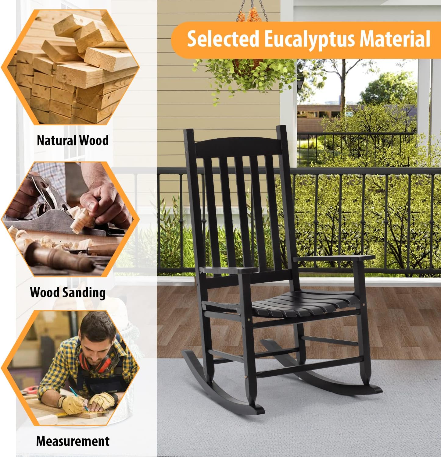 Dkelincs Outdoor Rocking Chair, Oversized Wooden Rocking Chair for Porch, Garden, Backyard, High-Back Patio Rocker with Wide Armrest, 243lbs Capacity for Adults (Black)