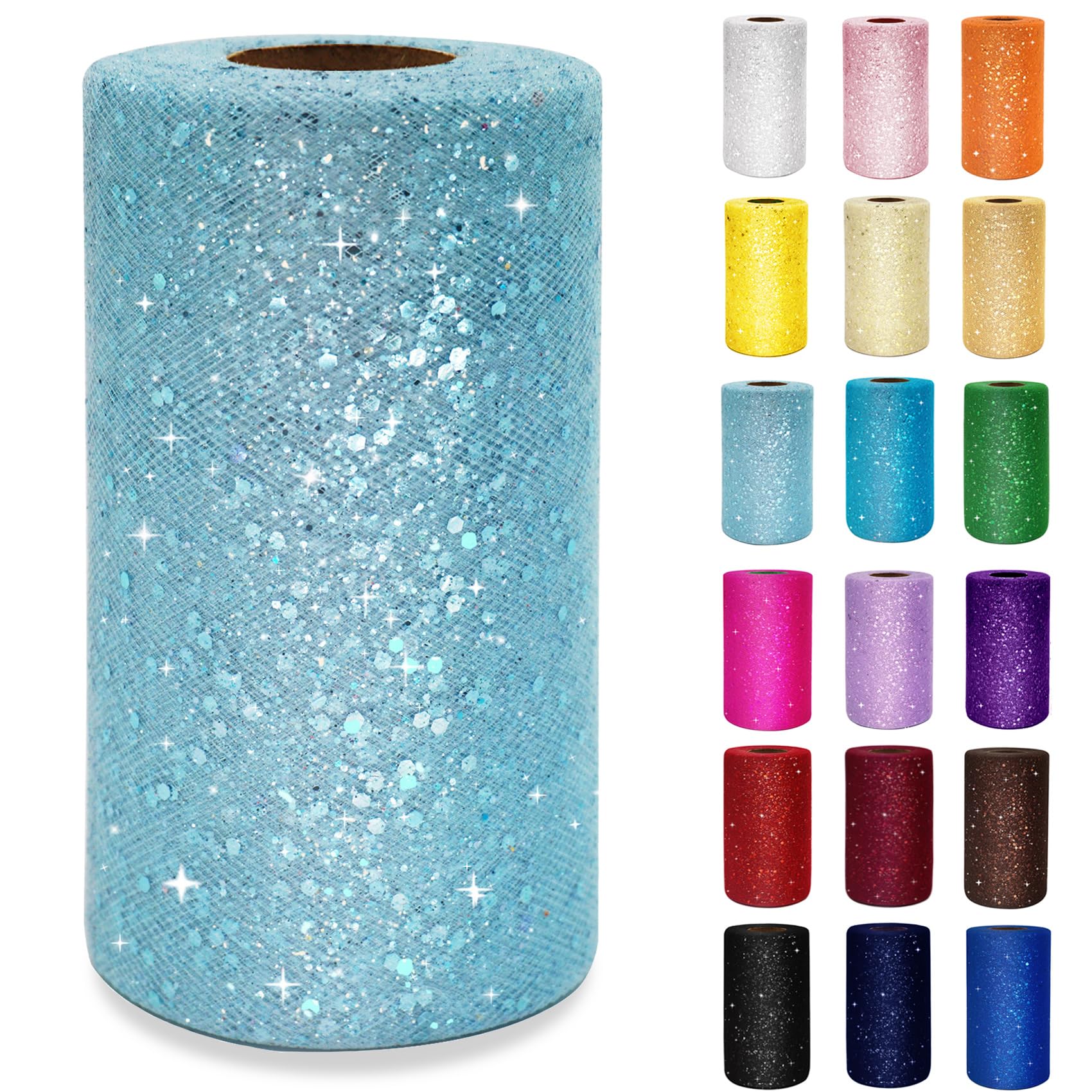 Light Blue Glitter Tulle Rolls 6 Inch by 50 Yards Sequin Tulle Fabric Ribbon for DIY Tutu Skirt Sewing Bow Wedding Decorations Halloween Craft Supplies