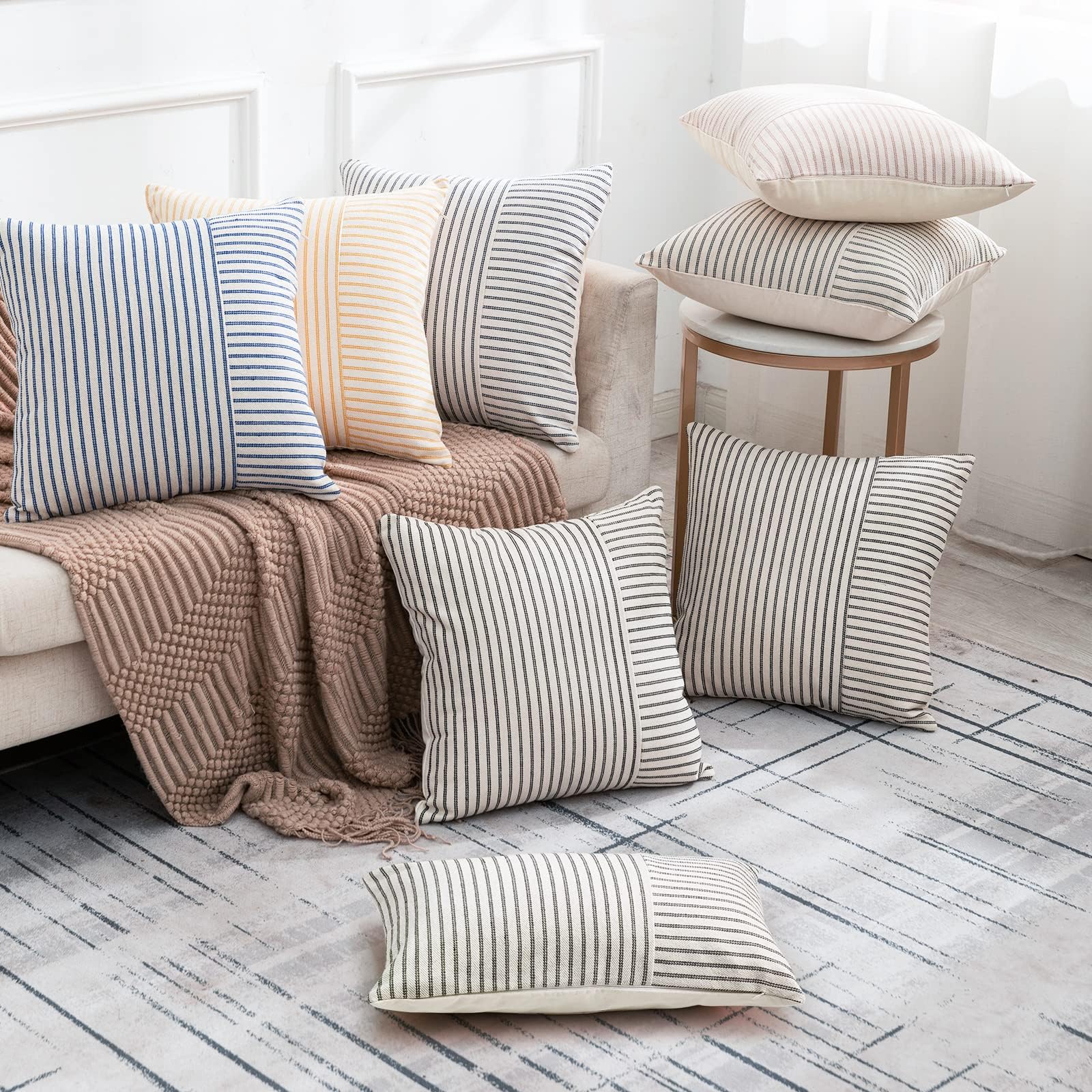 YCOLL Lot de 2 Housse Coussin 30 x 50 Housse de Coussin Coton Lin Coussin canape Rayures Coussin déco bohème Coussin canape déco pour canapé Salon Chambre Coussins d'extérieur 30 x 50 Gris