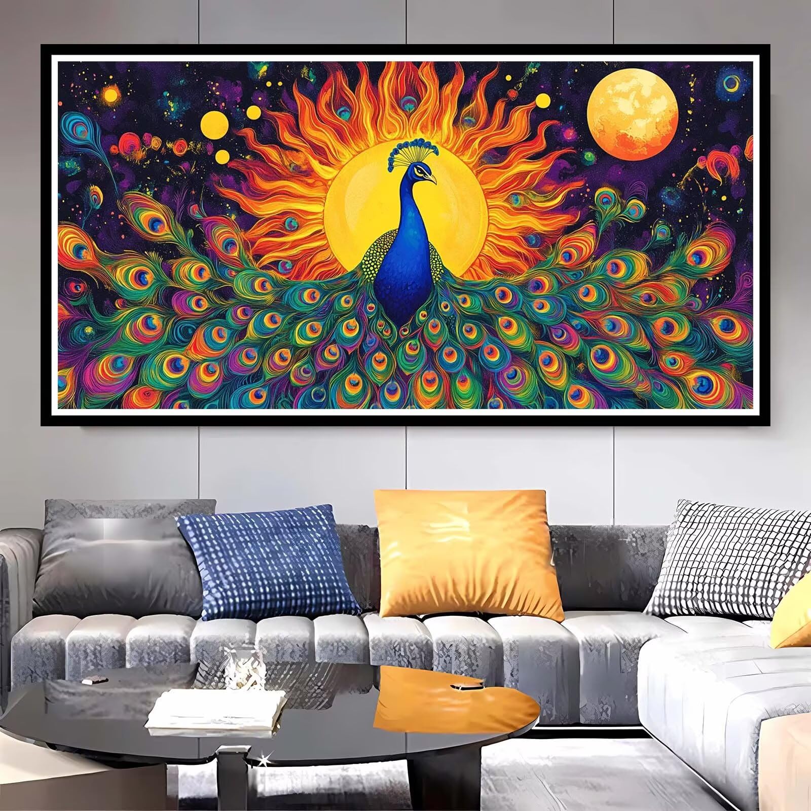 KL494 Duży obraz po numerach, dla dorosłych, 71 x 142 cm, rysunek rysunkowy po numerach, dla dzieci, rękodzieło, paw, dla dorosłych, zestawy, obraz olejny na płótnie, z pędzlami i akrylowym