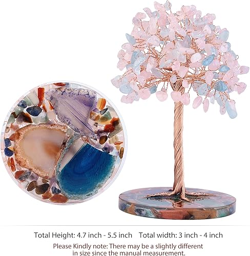 Miniatura 2 de mookaitedecor Árbol de cristal de aguamarina natural y cuarzo rosa con base de ágata en rodajas de árbol de dinero, decoración de Feng Shui para el