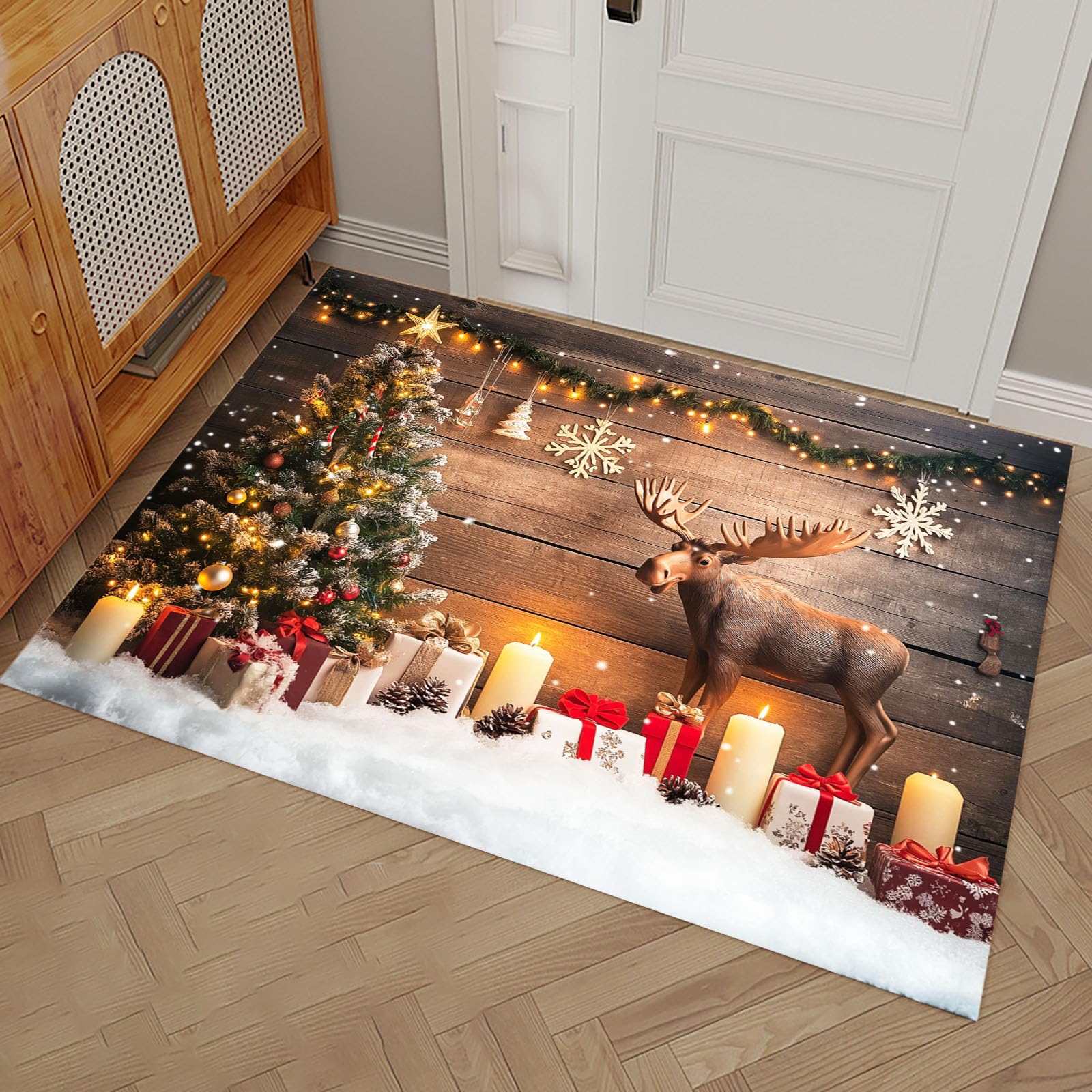 Felpudo Navidad Fondo, 80x120cm Alfombra Puerta Árbol De Navidad Renos, Alfombra Navidad Antideslizante para Cocina Pasillo Salón, Felpudo Entrada Casa Decoración