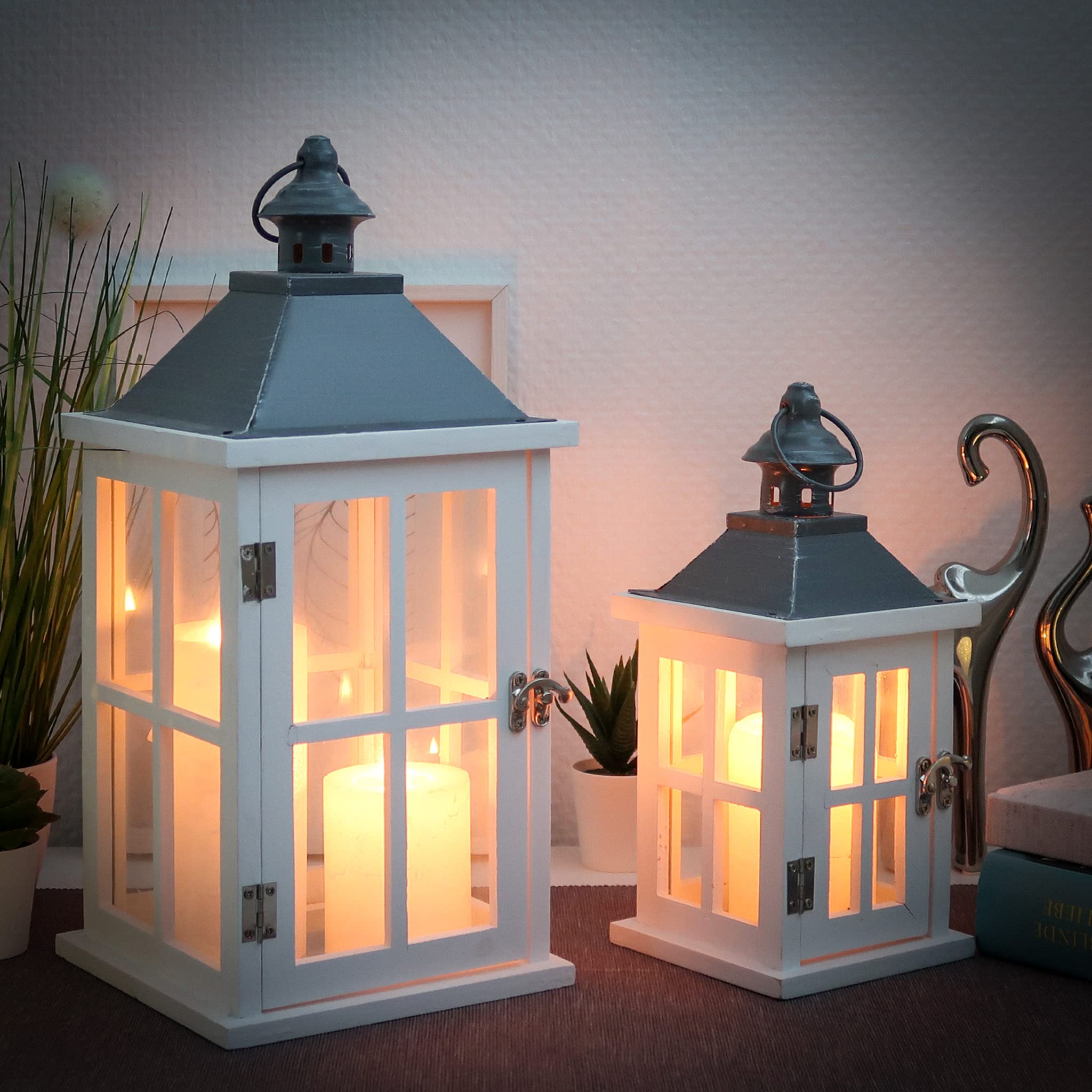 Dekovita 2er-Set Gartenlaterne 27cm/40cm - Holz-Laternen in Weiß mit Glas-Scheiben Henkel Deko-Laterne