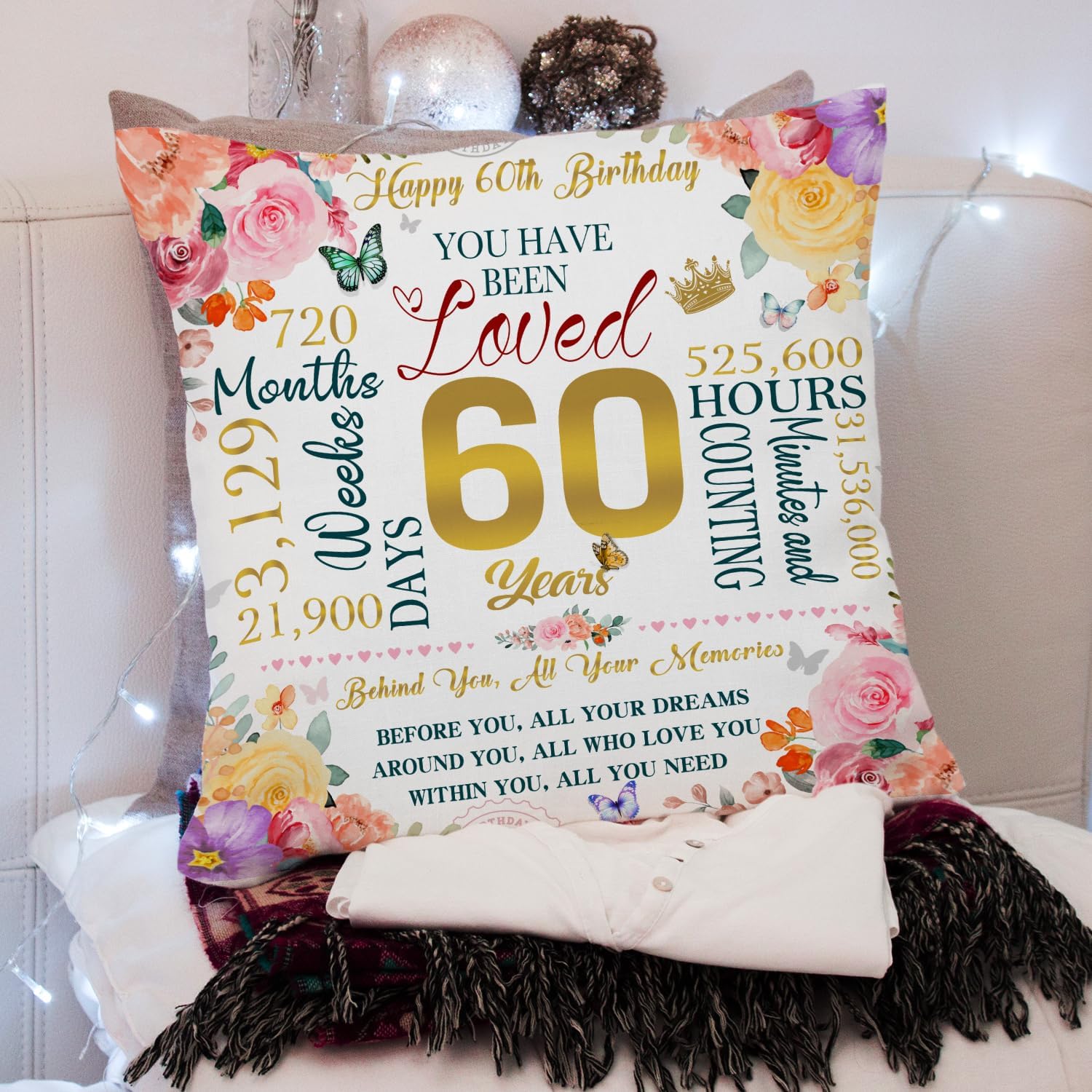 60th Birthday Gifts for Women Throw Pillow Covers 18"x18", Happy 60th Birthday Decorations Gift Ideas, Best Birthday Gifts for Mom Wife Grandma Friend, 60 Year Old Birthday Anniversary Pillowcase image 4