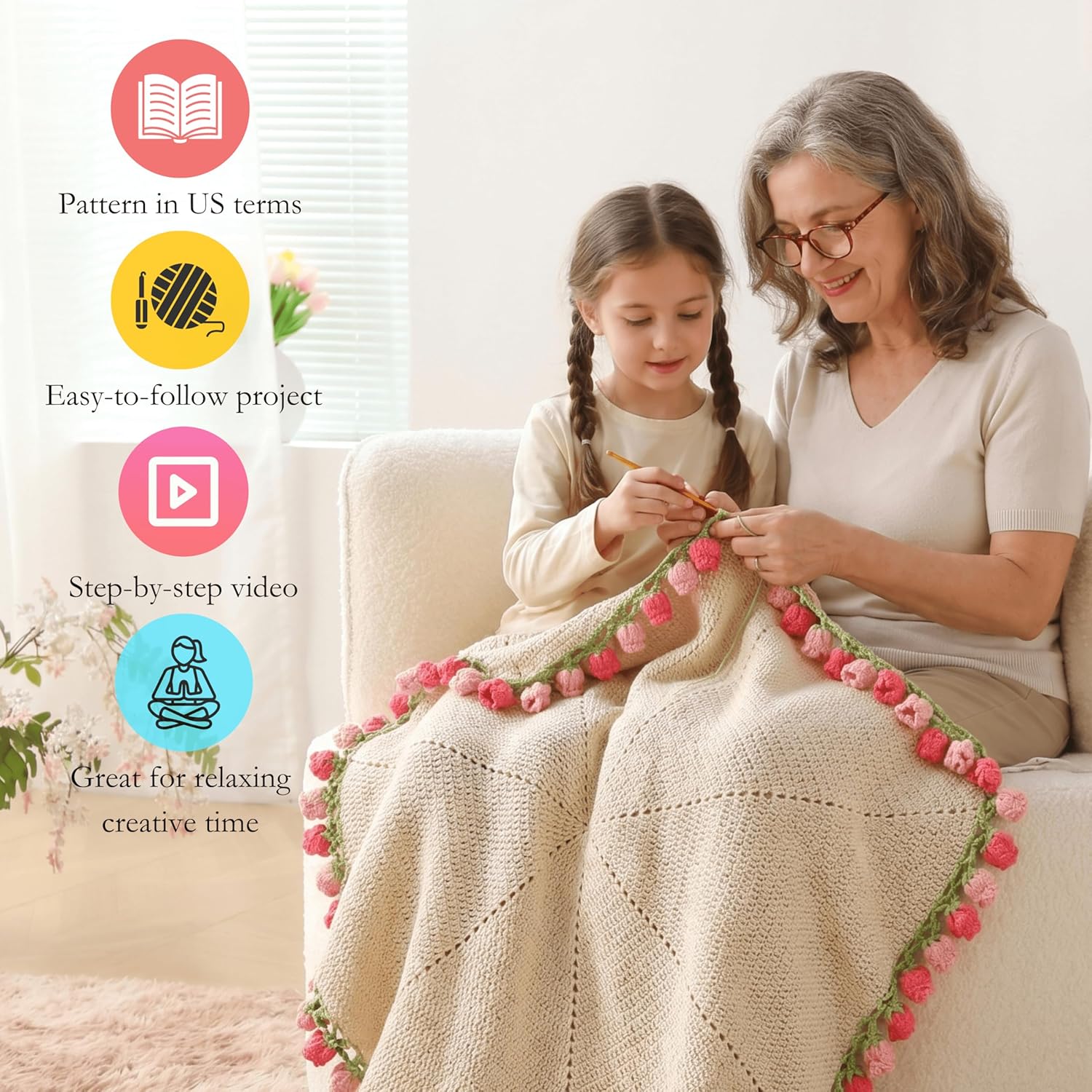 HZYZW Crochet Flower Blanket Kit for Beginners, 40'' Lily of The Valley Bouquet, Blanket Shawl Throw Kits for Adults, How to Knitting with Yarn, Home Decor Gifts for Crocheters (Grey-Pink Lily)