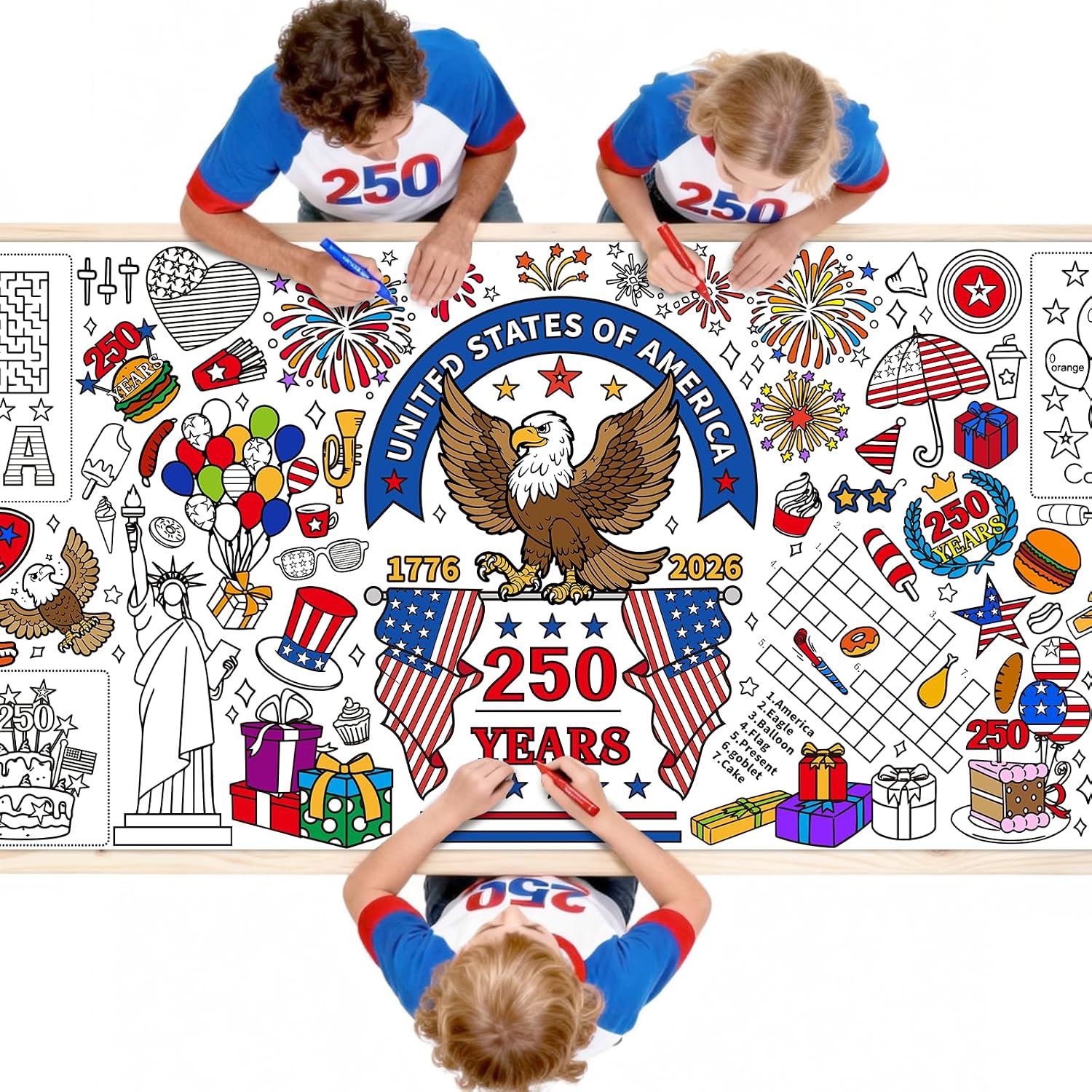 Diltik USA 250th Anniversary Giant Coloring Poster/Tablecloth – 30 x 72 Inch Jumbo 1776–2026 Patriotic Coloring Banner for Independence Party Games, Classroom Activities & Home Decor