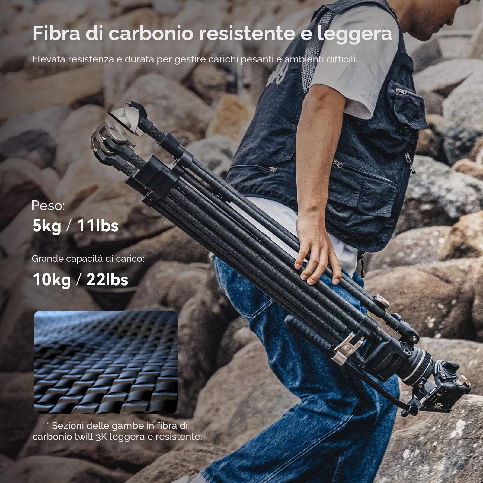 SMALLRIG FreeBlazer Treppiede in Fibra di Carbonio, Heavy-Duty Treppiede Video da per DJI RS 2/RS3/RS 3 Pro e per Manfrotto, 197 cm/78", Piastra a Sgancio Rapido, Carico Fino a 10 kg/22 Lbs - 3989