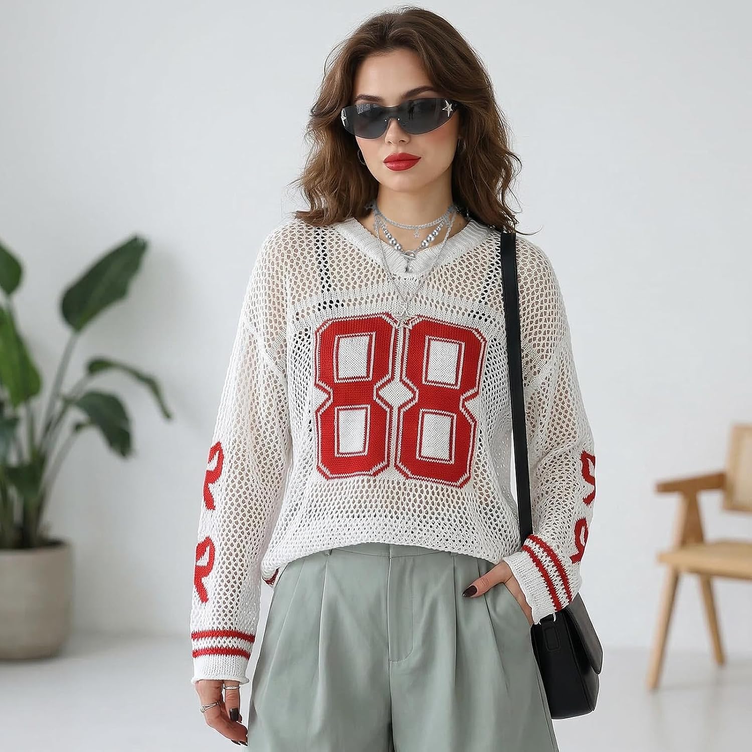 Women's Y2k Tops Jersey Shirts Oversized Crochet Graphic Going Out Tops Streetwear with Star Necklaces Sunglasses
