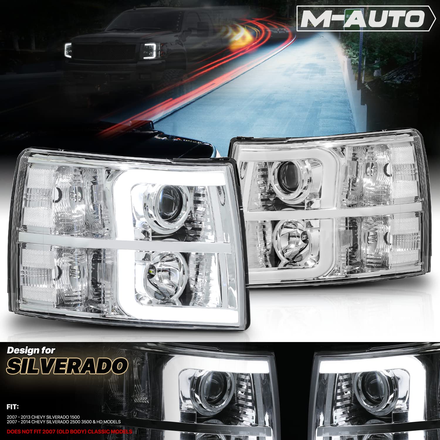M-AUTO Chrome Projector Headlamp Headlights Assembly with 2 Pair Pre-assembled 6000K LED Bulbs Compatible with 07-13 Chevy Silverado 1500, 07-14 Silverado 2500 3500 & HD Models