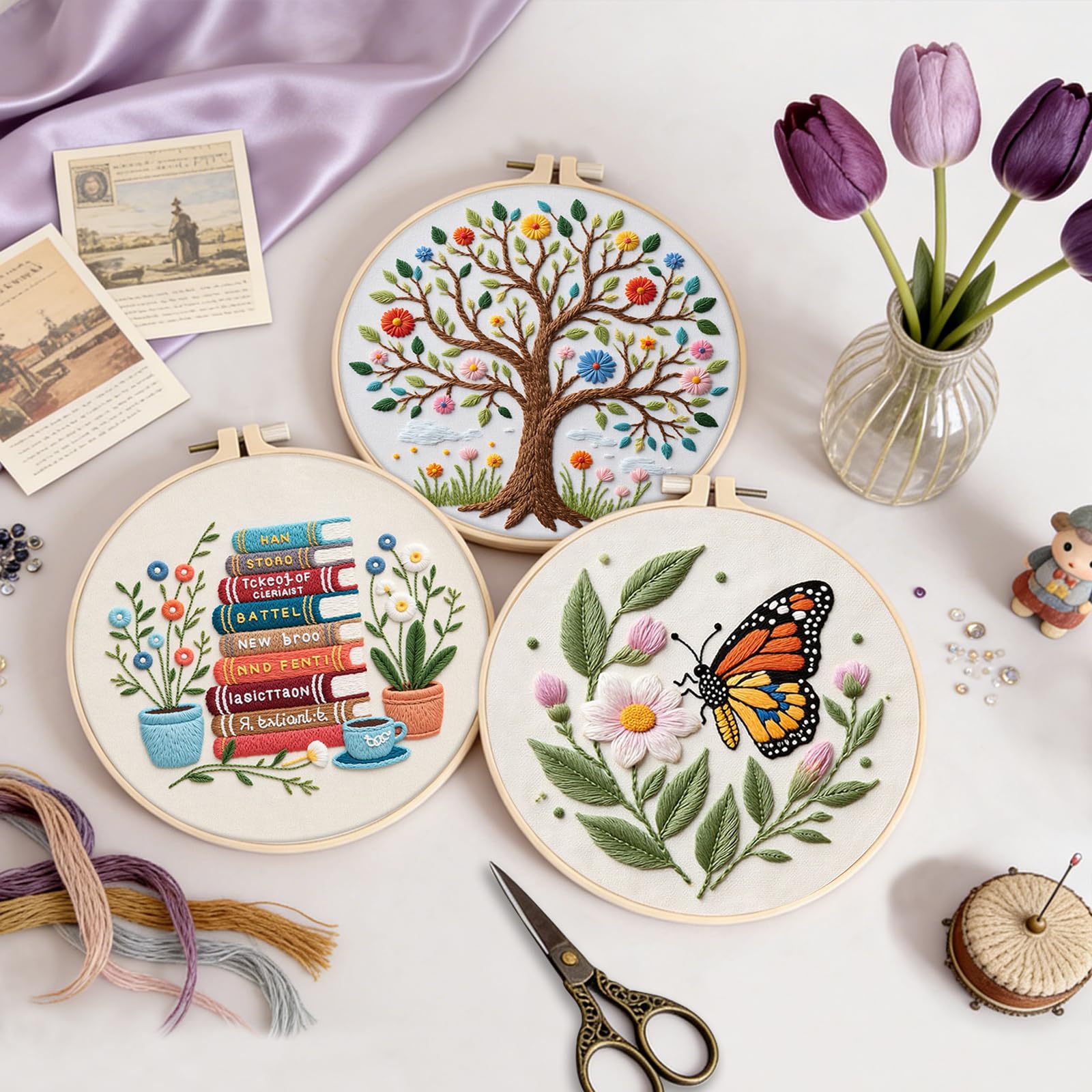 Beginner Embroidery Kit - Butterfly & Tree Designs -5