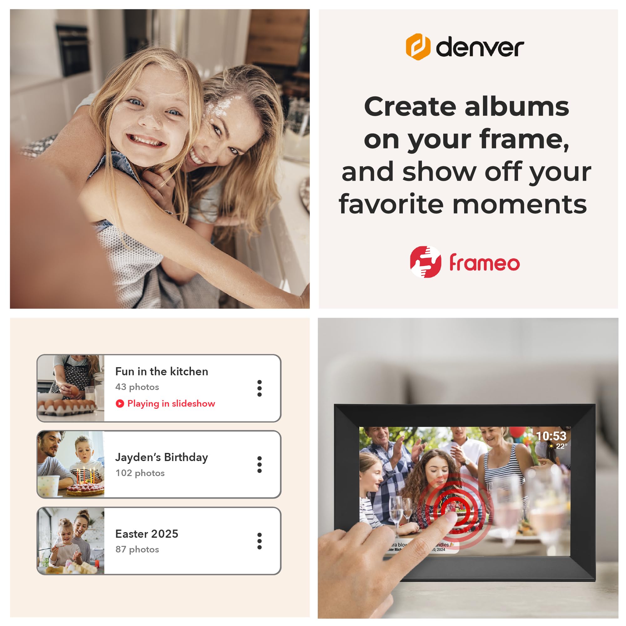 Denver Frameo Marco Digital WiFi 10,1 Pulgadas, Pantalla Full HD IPS táctil 1920 x 1200, 16 GB, App Frameo, Color Negro