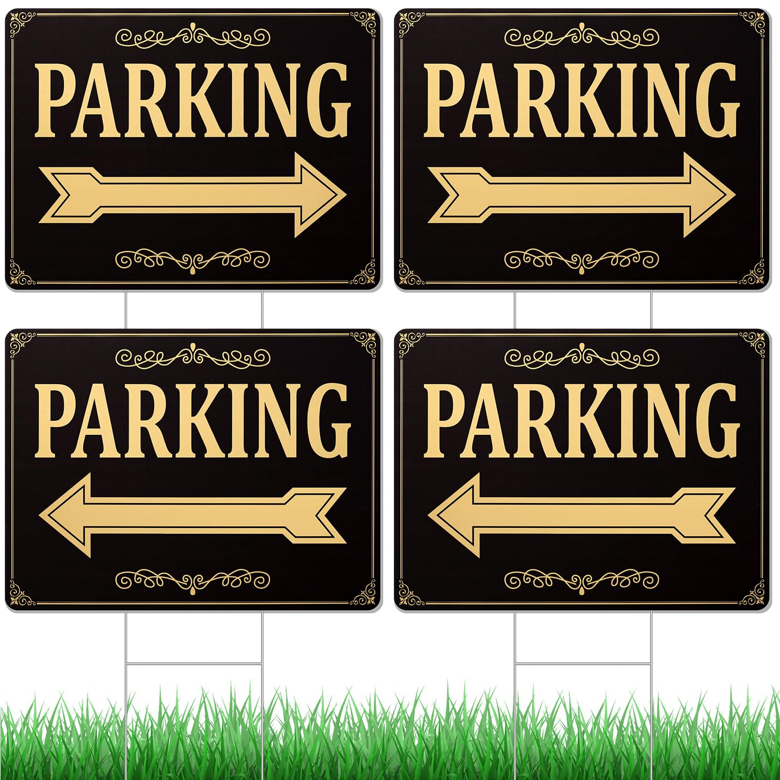 Menkxi 4 Pcs Parking Sign with Metal H Stake Double Sided Event Parking Sign Corrugated Plastic Waterproof Durable Guest Directional Arrow Signs for Outdoor Yard, Black and Gold 12x16 Inch
