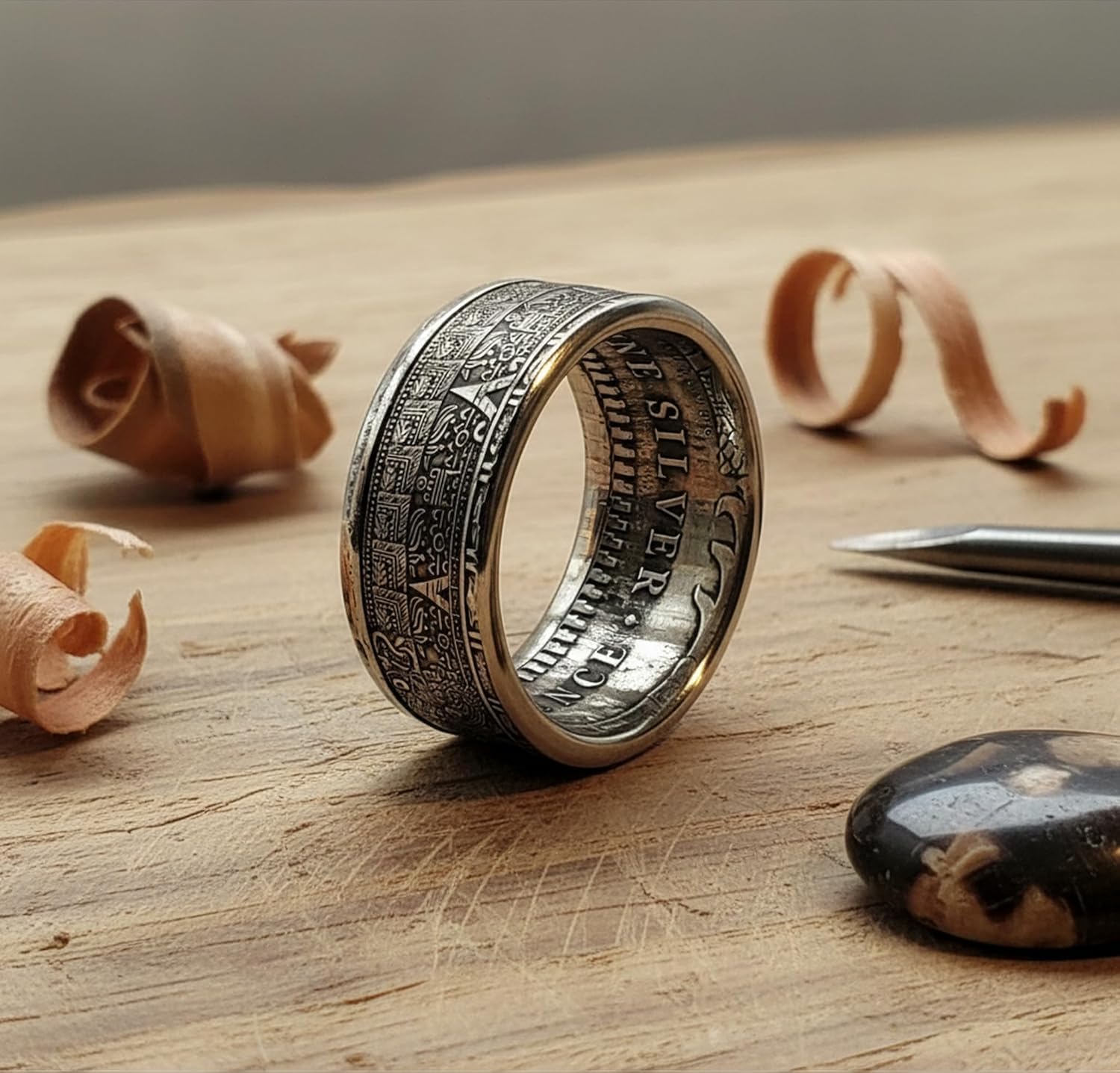 AUTHENTIC Aztec Coin Ring / 1/2 oz .999 fine silver