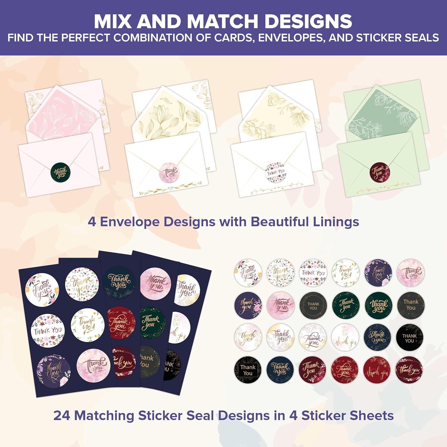 Decorably 24 Pack Gold-Foiled 6x4in Assorted Floral Thank You Cards with Envelopes and Stickers, 24 Unique Designs for Friends, Family and Loved Ones, Blank Inside - All Occasions, Wedding, Birthday - Image 5