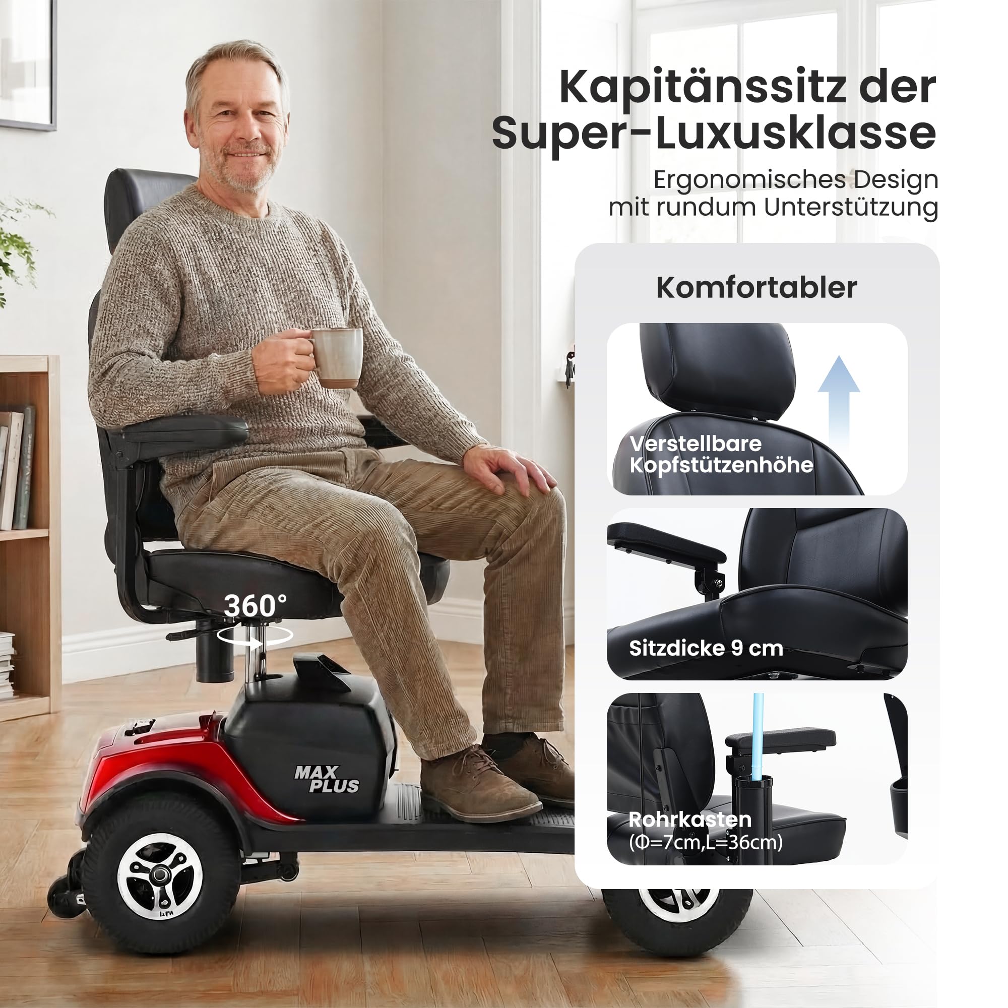 Elektromobil Seniorenmobil Rollstuhl elektrisch faltbar,20AH herausnehmbarer Akku 25km,300W,360° Luxus-Sitz mit Kopfstütze,E-Bremse,32cm Fußraum,9-Zoll Luftreifen stoßdämpfend,LED,USB,Windabweiser Rot