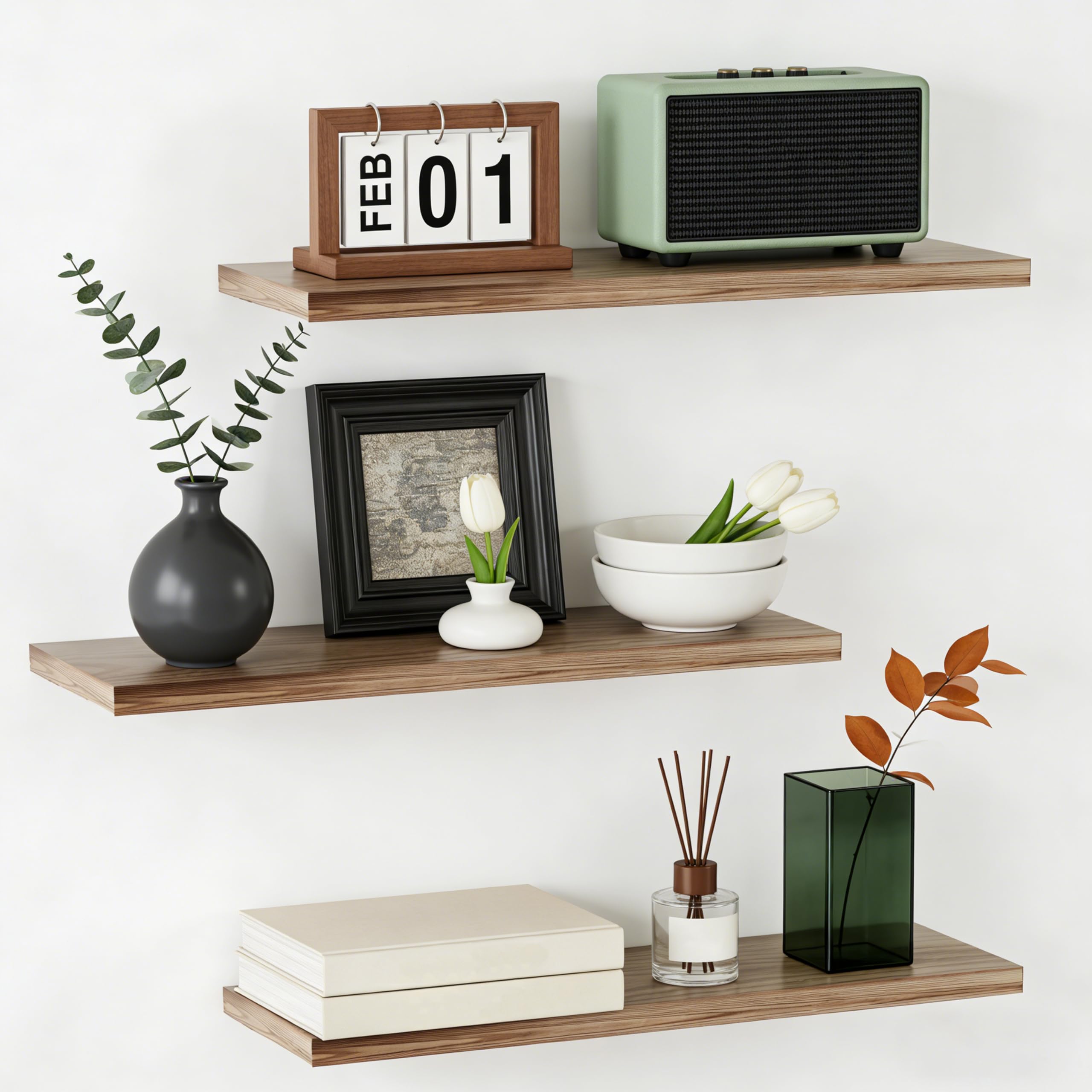 Étagère murale en bois massif brun lot de 3 étagères suspendues de 40cm pour maison
