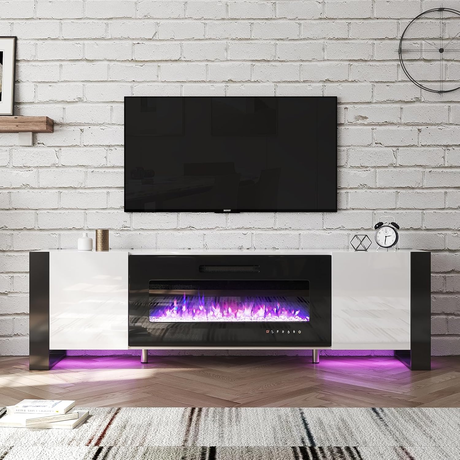 LUXOAK U-Shaped Legs 70" Fireplace TV Stand, Mirrored Finish Media Console with 36" Electric Fireplace, Modern LED Lights Storage Entertainment Center for TVs Up to 80", White