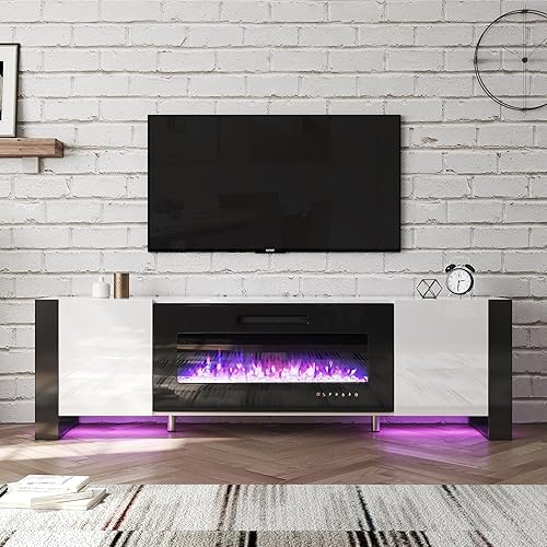 Miniatura 6 de Soporte de TV con chimenea de 70 pulgadas con patas en forma de U, consola multimedia con acabado espejo con chimenea eléctrica de 36 pulgadas,