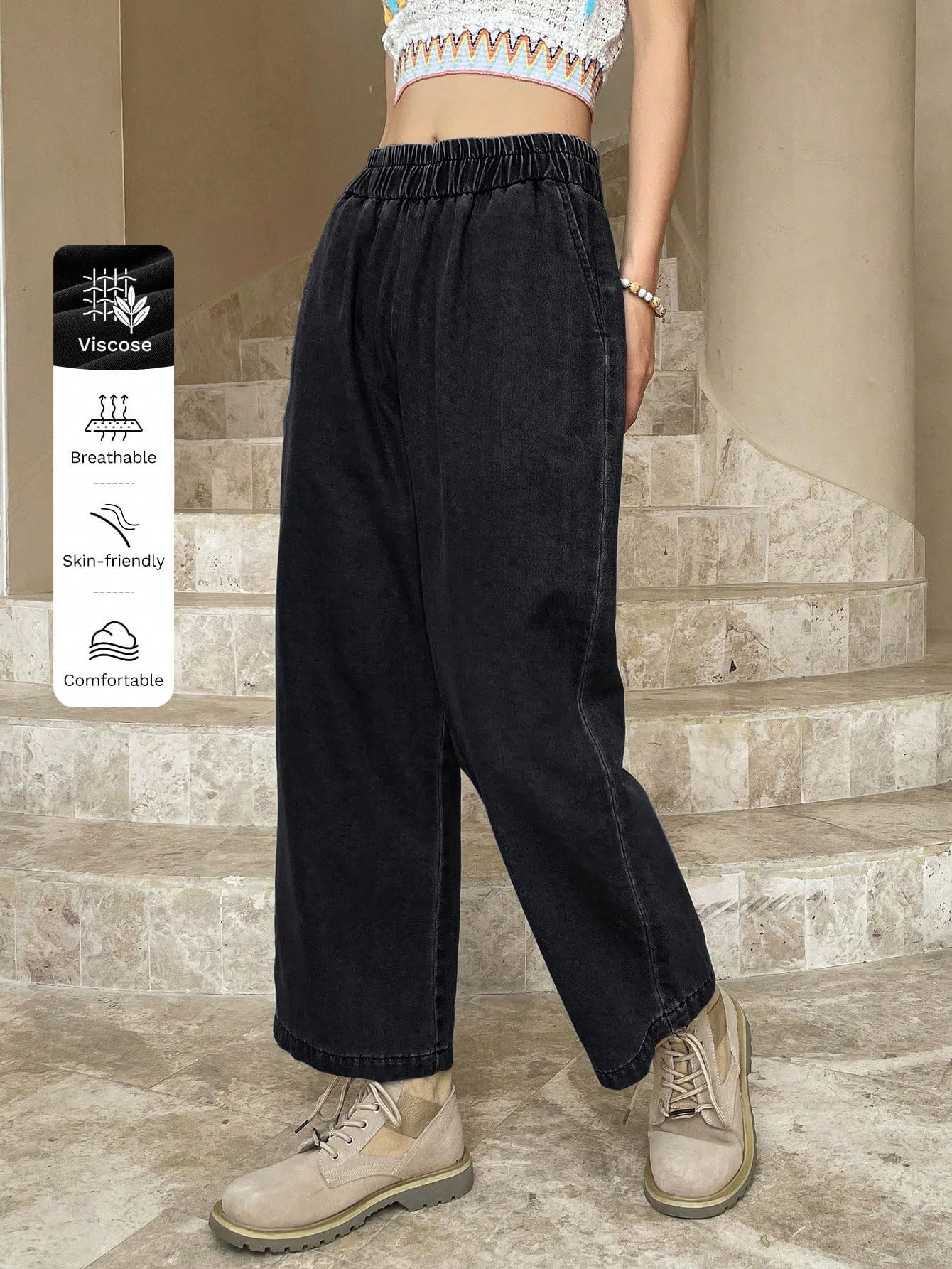 Sugathari Jeans da donna e ragazza in denim di cotone elastico in vita, taglio dritto, lunghezza alla caviglia, gamba larga, casual, larghi, pantaloni da donna (jeans 239)