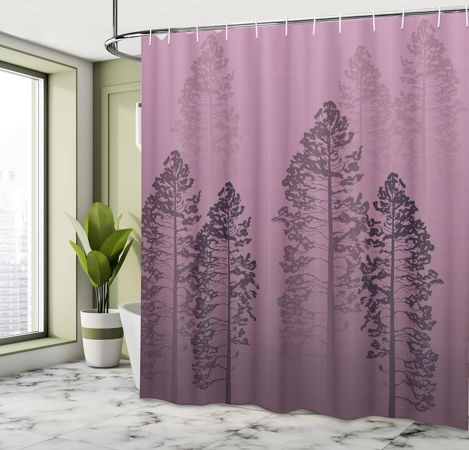 Ambesonne Country Shower Curtain, Pine Trees in The Forest on Foggy Seem Ombre Backdrop Wildlife Adventure Artwork, Cloth Fabric Bathroom Decor Set with Hooks, 69" W x 75" L, Pale Lilac
