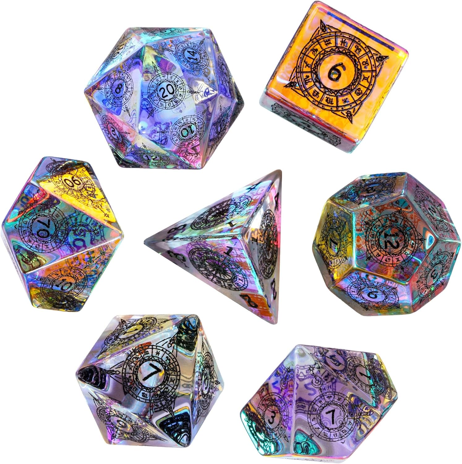 UDIXI Prism Glass Dice Set 7PCS Rainbow Glass DND Dice with Gift Box for D&D Tabletop Games (12 Constellations)
