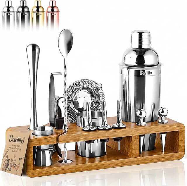Barillio Bartender Kit - Stainless-Steel Cocktail Shaker Set w/Bamboo St...