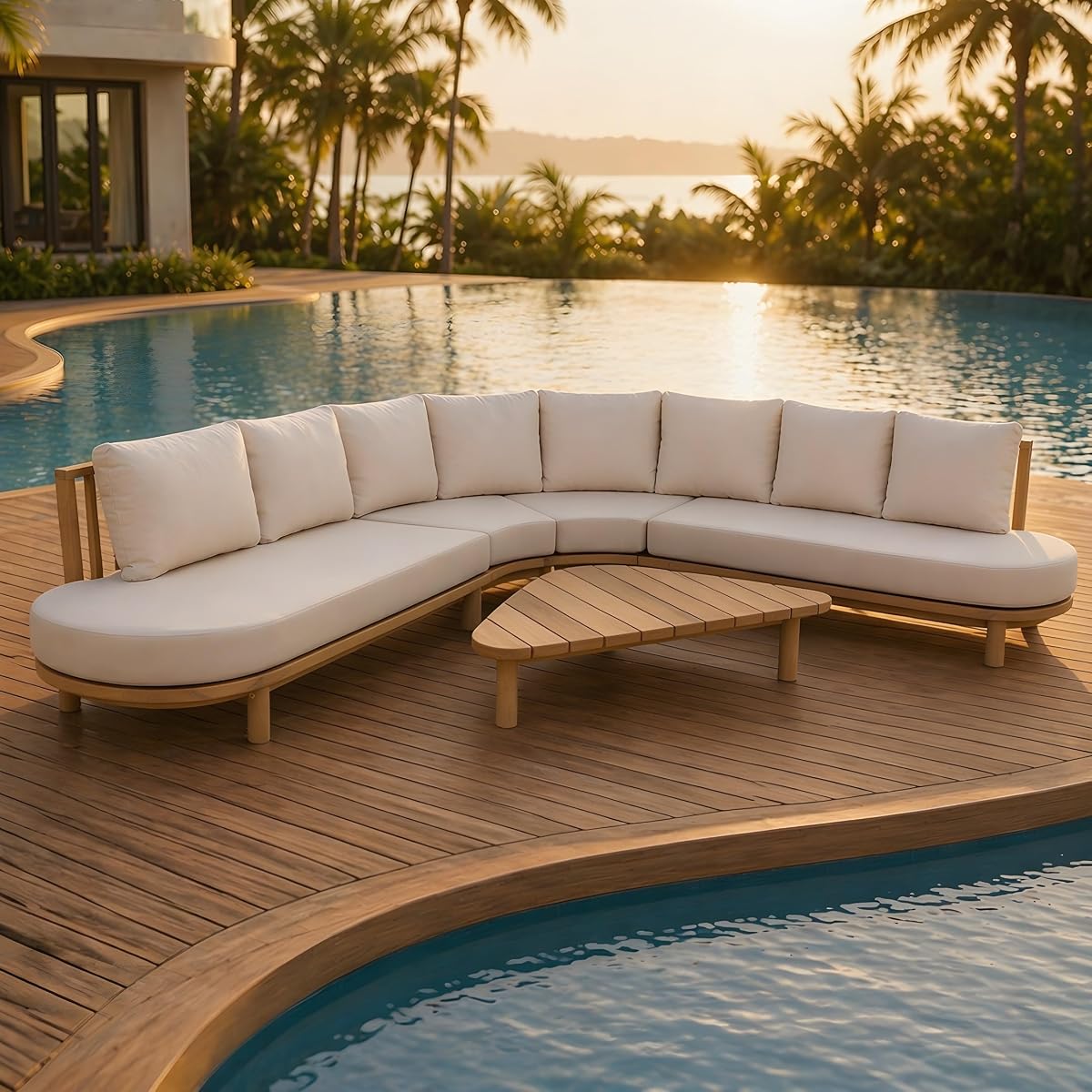 Gemsy 118" Acacia Wood Outdoor Patio Furniture Set with Cushion, Outdoor Half Moon Curved Sectional Sofa Set with Coffee Table, Patio Sectional Sofa Set, Beige+Light Teak
