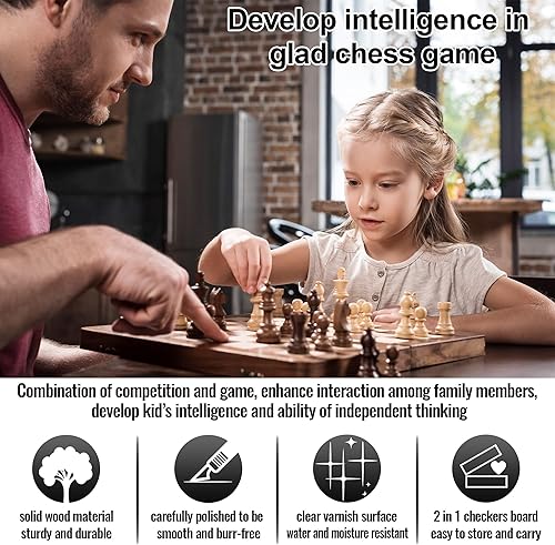 Miniatura 2 de Juego de ajedrez y damas de madera 2 en 1, tablero de ajedrez magnético plegable con ranuras de almacenamiento, piezas de ajedrez, juego de ajedrez
