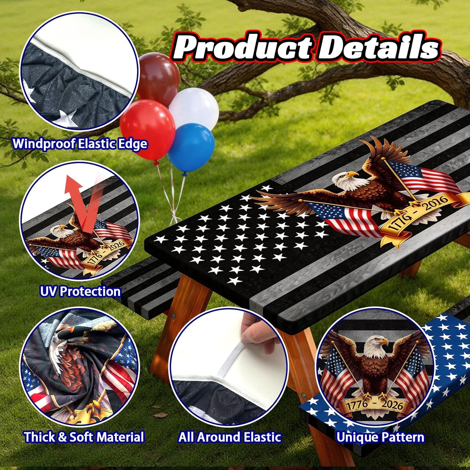 Picnic Table Cover with Bench Covers, 250th Anniversary Eagle Patriotic Decor, Windproof Waterproof Fitted Tablecloth with Elastic, Rectangle for 4th of July, Outdoor Camping Parties, 72x30 Inch
