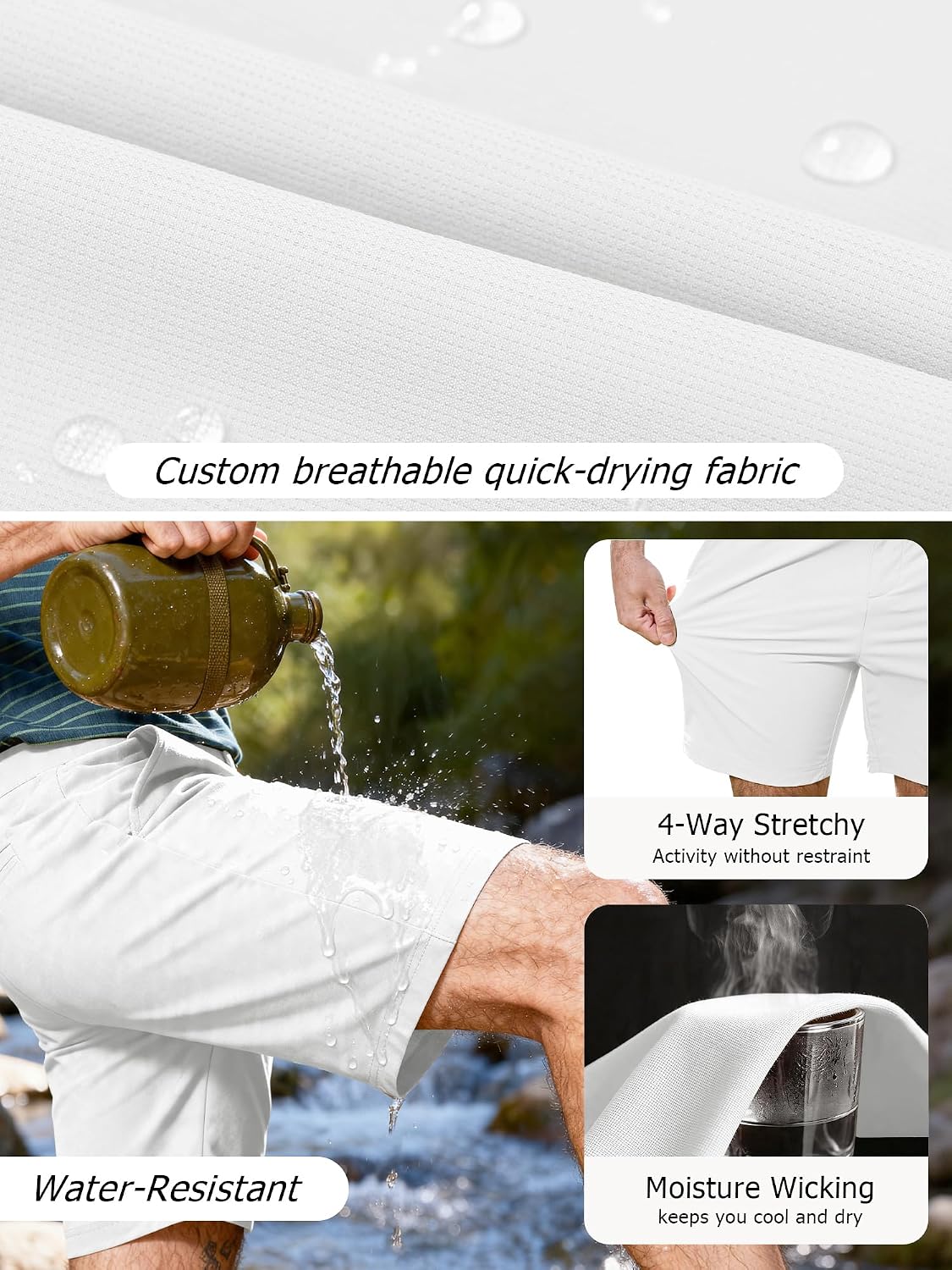 JEMLDL Mens Hybrid Golf Shorts 7" Inseam Breathable Quick Dry Casual Shorts Elastic Waistband with 6 Pockets White M