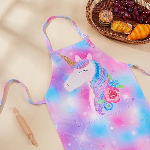 Miniatura 3 de MHJY Juego de delantal y sombrero de chef para niños, para cocinar, hornear, pintar, bonito delantal para niñas pequeñas con bolsillos, color azul y