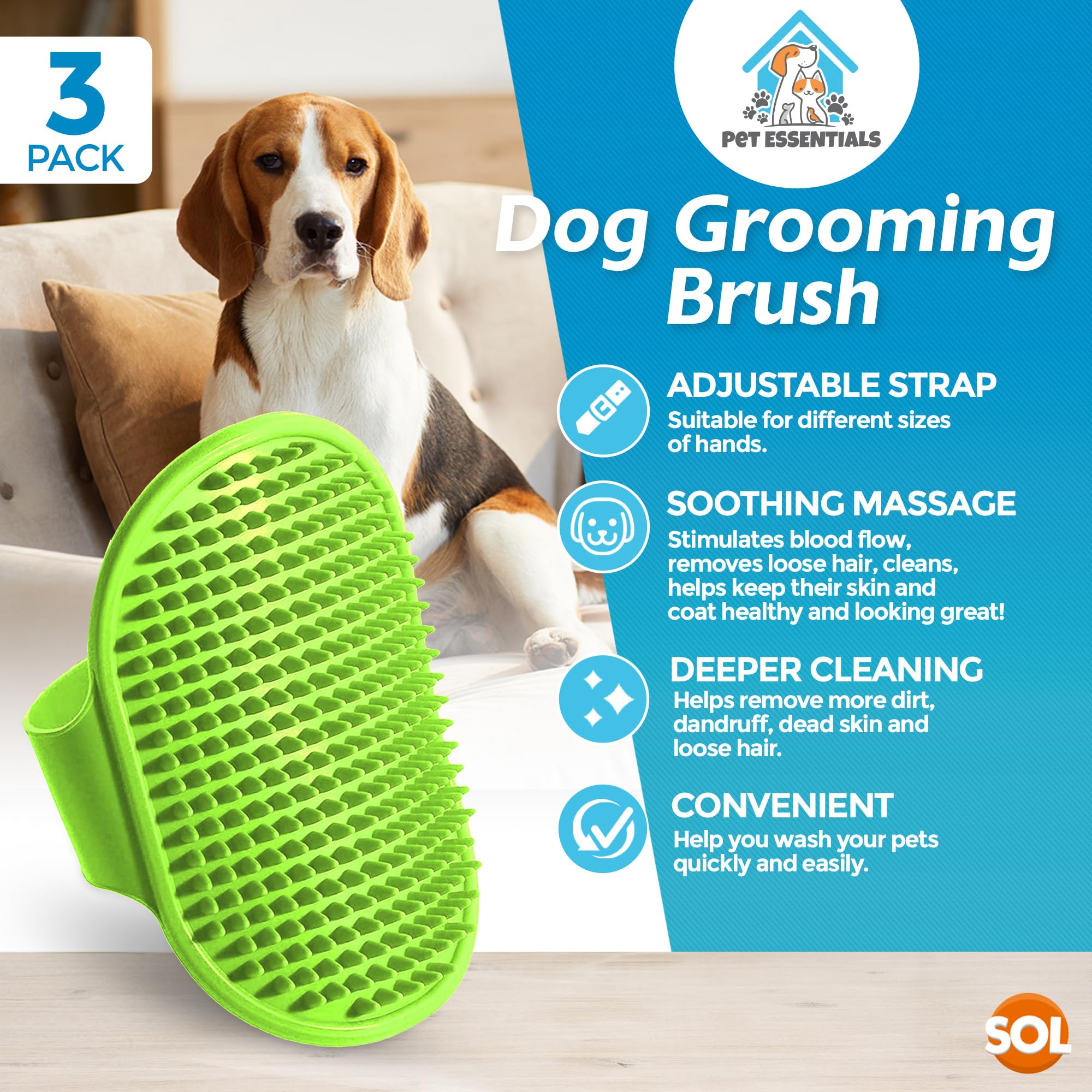 SOL 2pk Dog Grooming Brush for Pets 12.5 x 8.6cm Soft Silicone Bristle Dog & Puppy Brush - Image 3