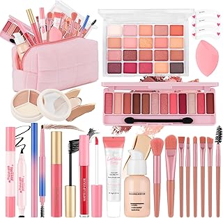 All In One Makeup Kit for Teen Girls Beginners with Foundation,Eyeshadow, Lipstick, Eyeliner, Mascara, Brushes, Bag, Travel Friendly MakeUp Gift Set, Birthday Gifts for Teen Girls, Graduation Gifts