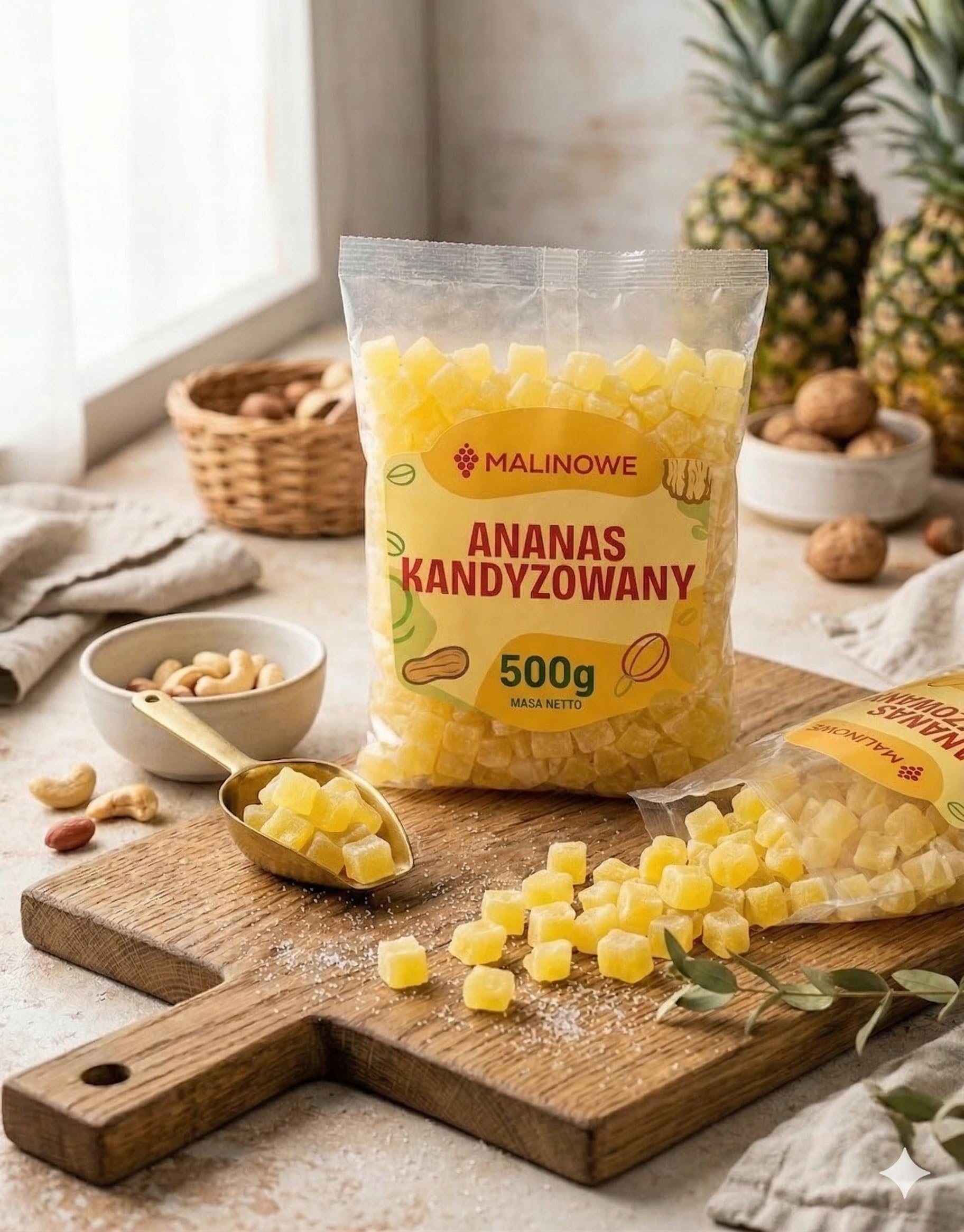Malinowe ANANAS KANDYZOWANY KOSTKA 500g Owoce Tropikalne Naturalny Premium