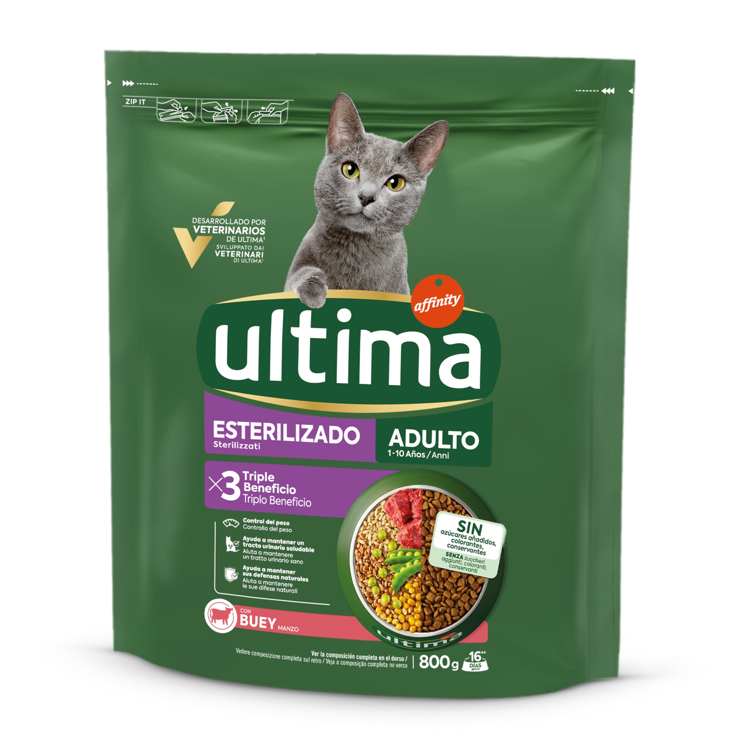 Ultima Esterilizado Adult Buey, Comida seca para gatos, Pack de 8 x 800g, Total 6,4kg