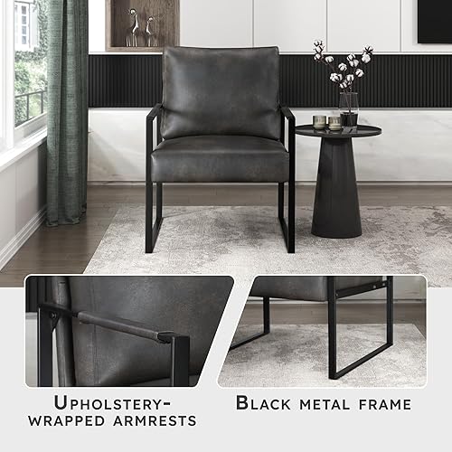 Miniatura 3 de Lexicon Silla decorativa moderna, tapizada de piel sintética con reposabrazos envueltos, silla con brazo con marco de metal negro, cómoda silla