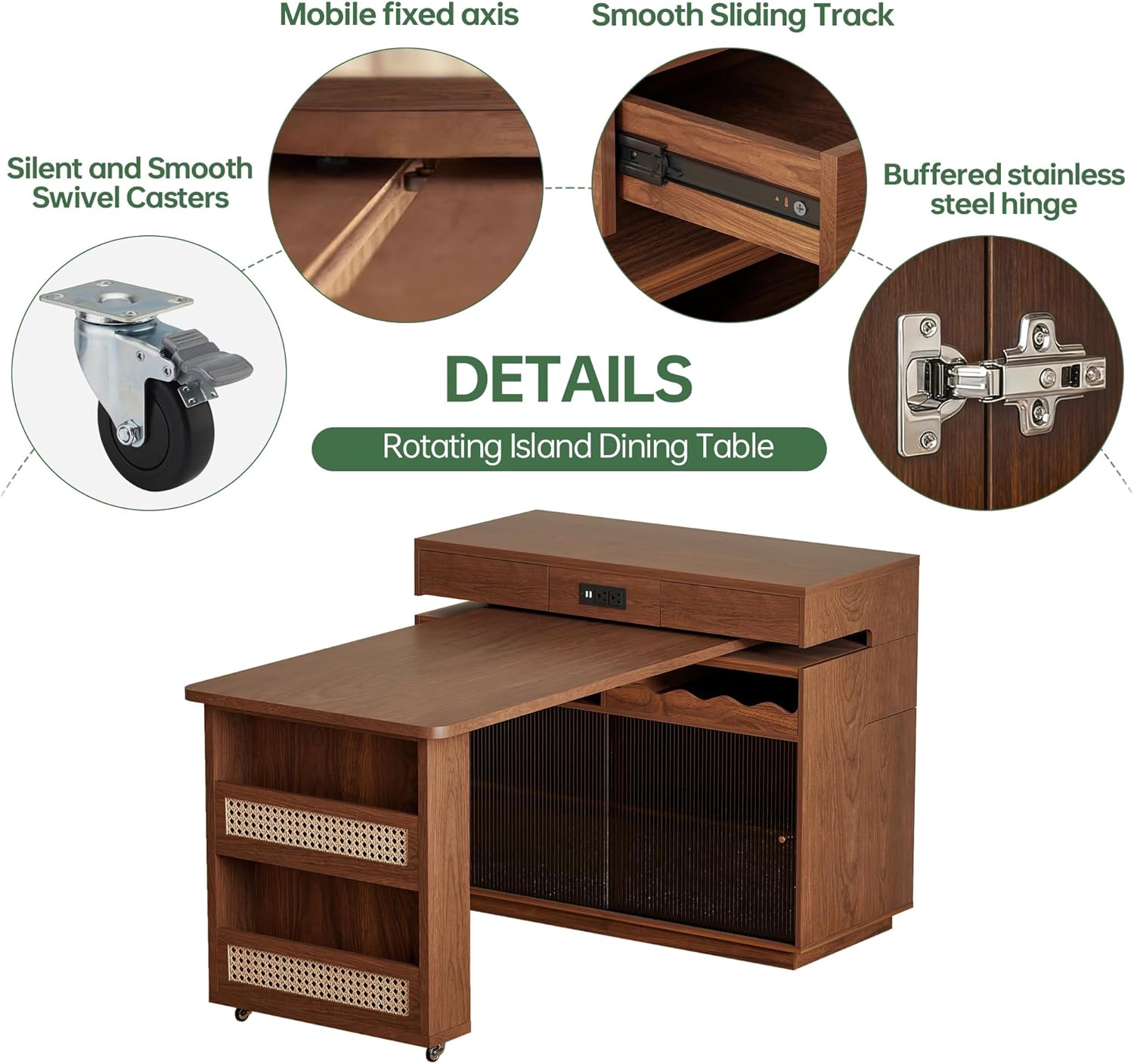 47" Expandable Mobile Kitchen Island with Power Outlet, 180° Sliding Table Top with Wheels, Extendable to 83", Multifunctional Storage Dining Table for Kitchen, Dining & Living Room, Walnut Finish