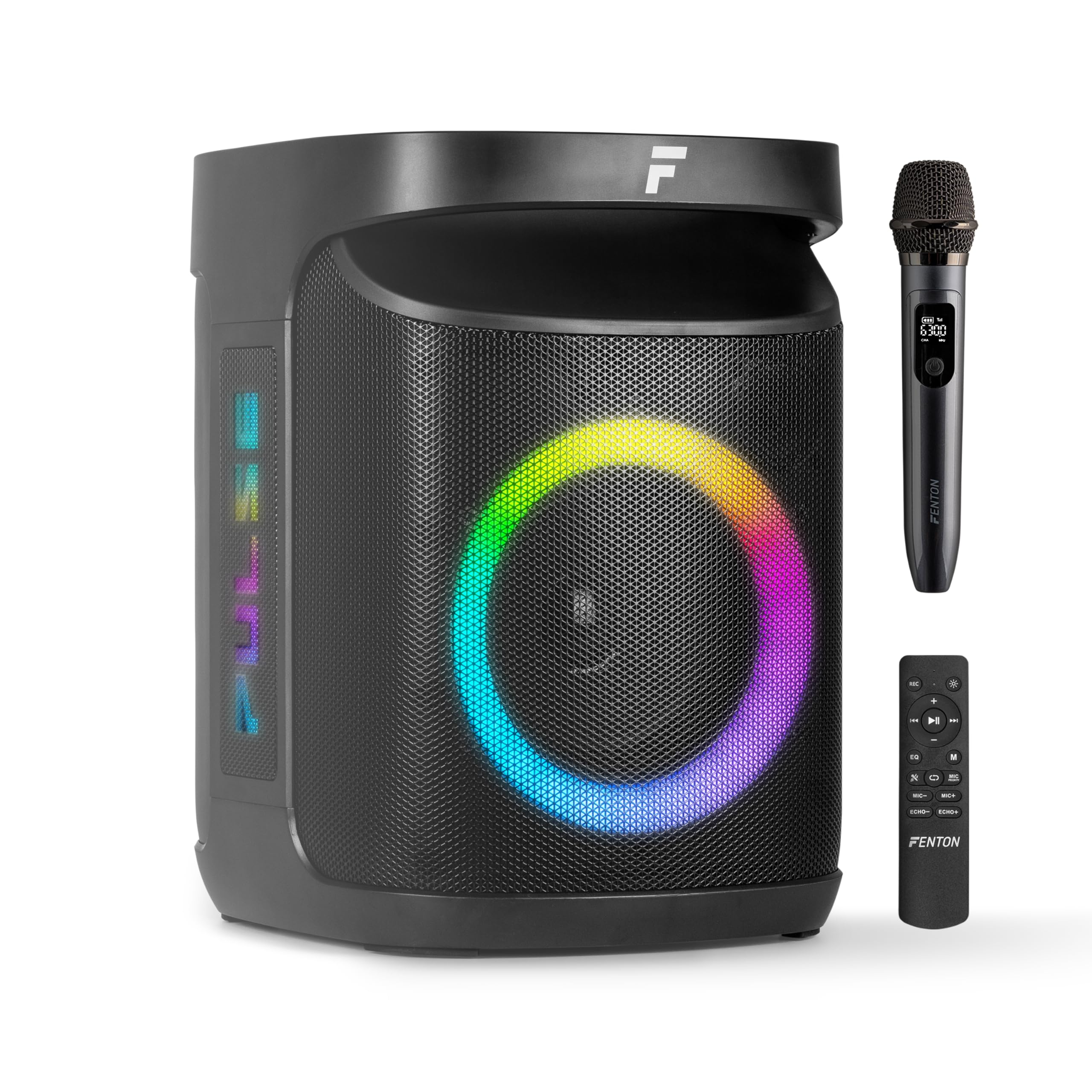 Fenton Pulse65 – Altavoz Bluetooth portátil 140W con microfono inalámbrico, batería 12h, IPX4, USB, microSD, Altavoz portatil Potente Exterior Karaoke Machine Speakers con LED, Color Negro